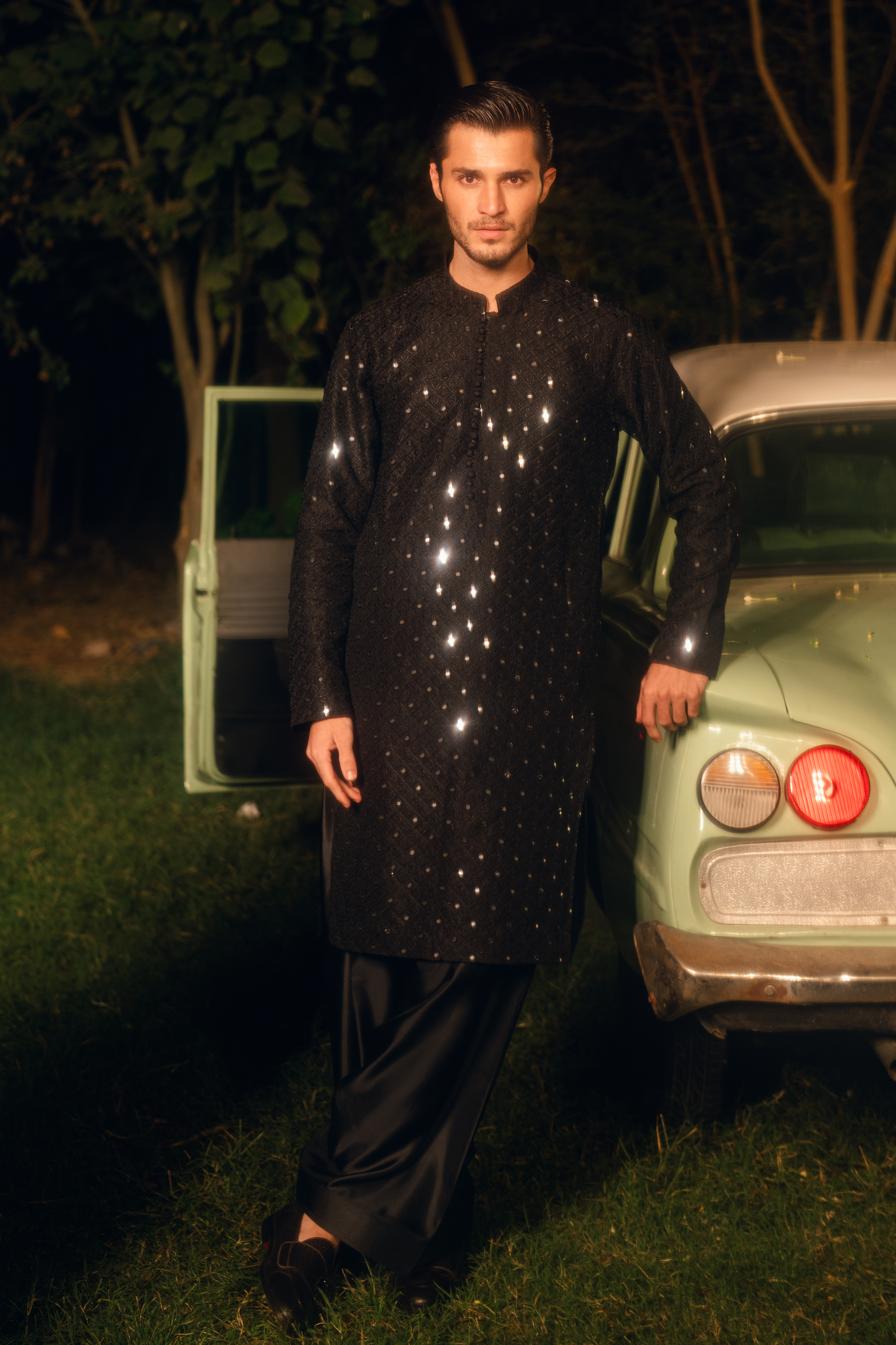 Elegant Black Tropical Silk Embroidered Kurta Farshi Shalwar Set