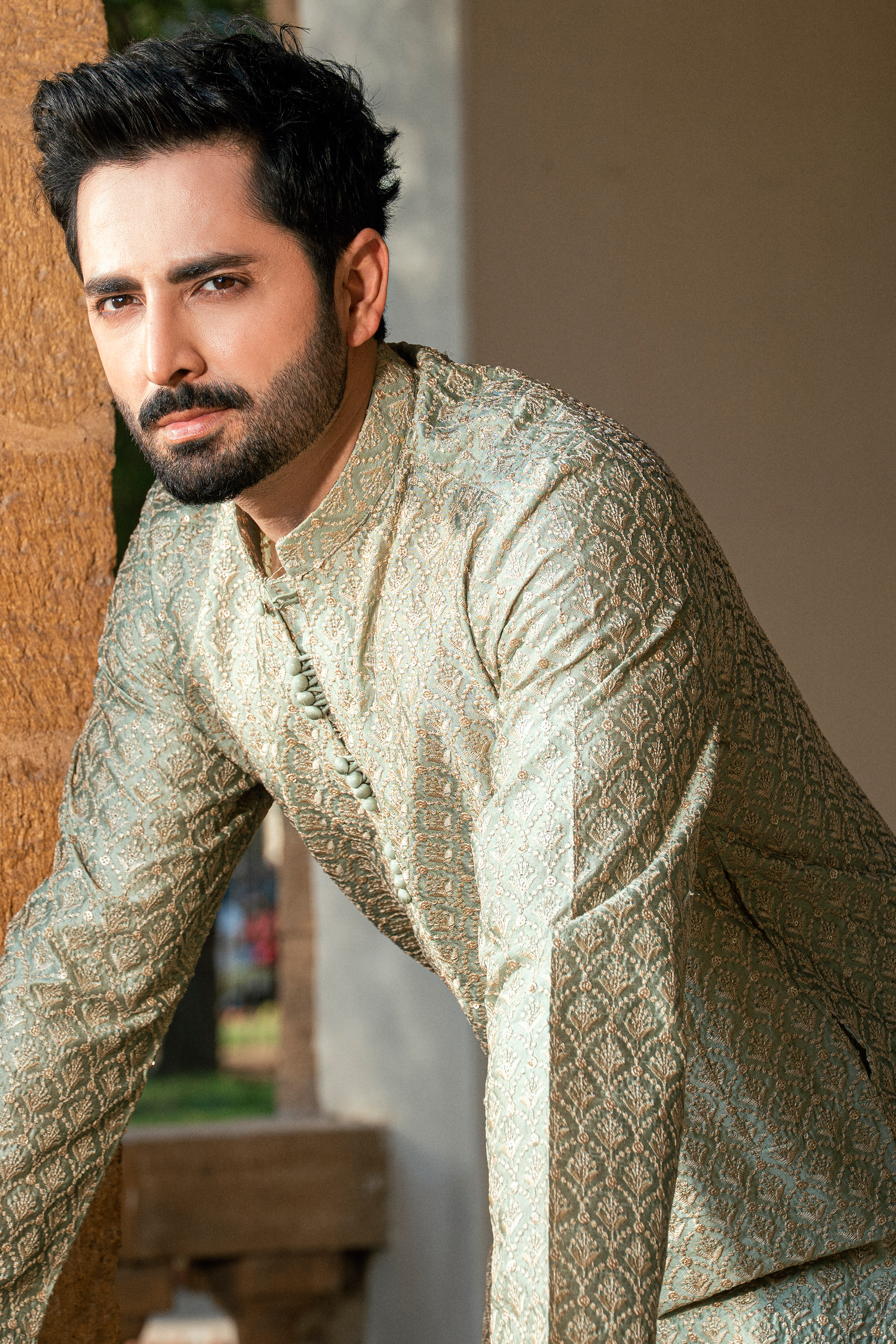 Slate Green Kurta & Pajama Set with Pleated Collar