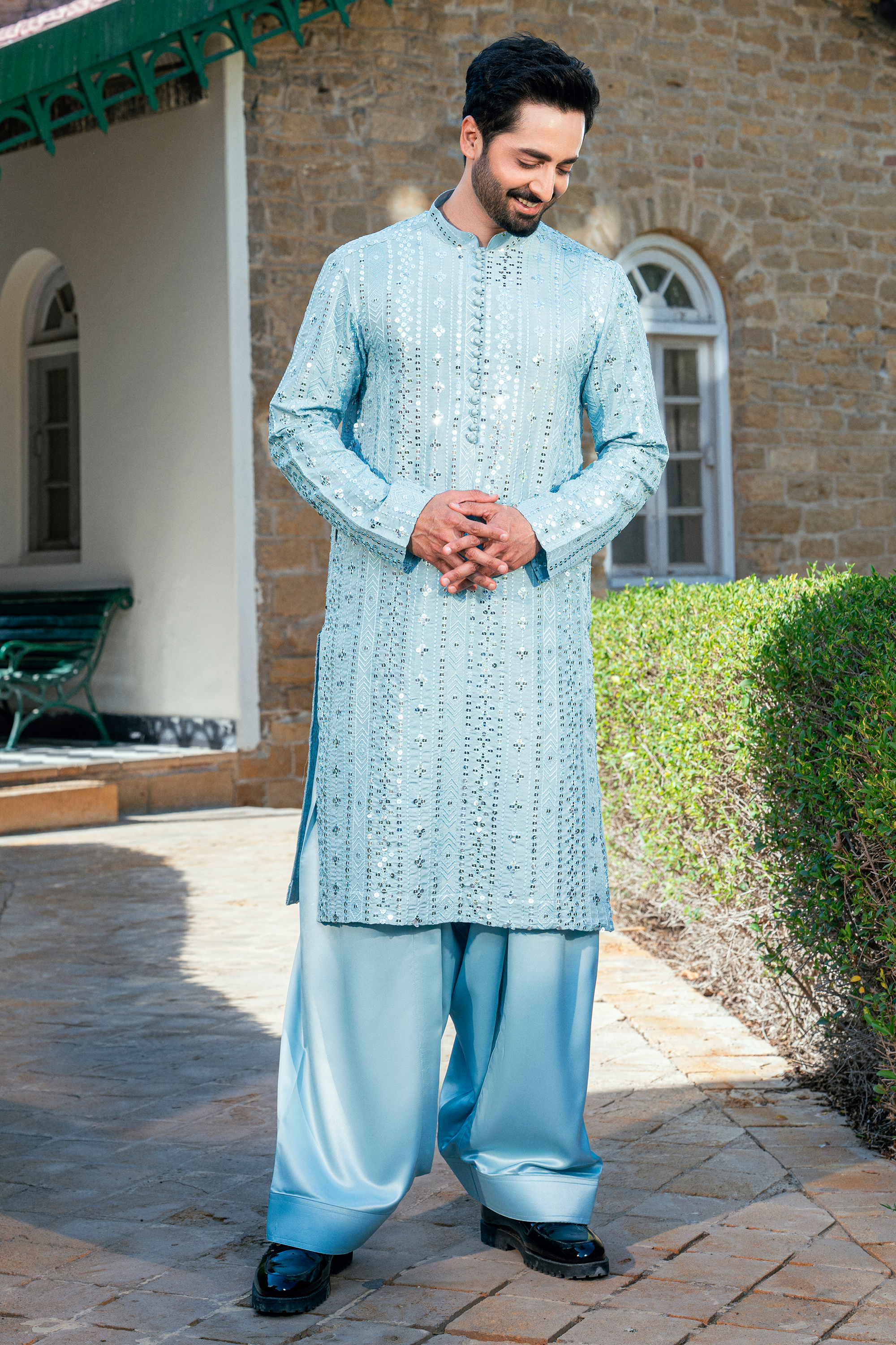 Pleated Collar Kurta Shalwar in Ice Blue and White
