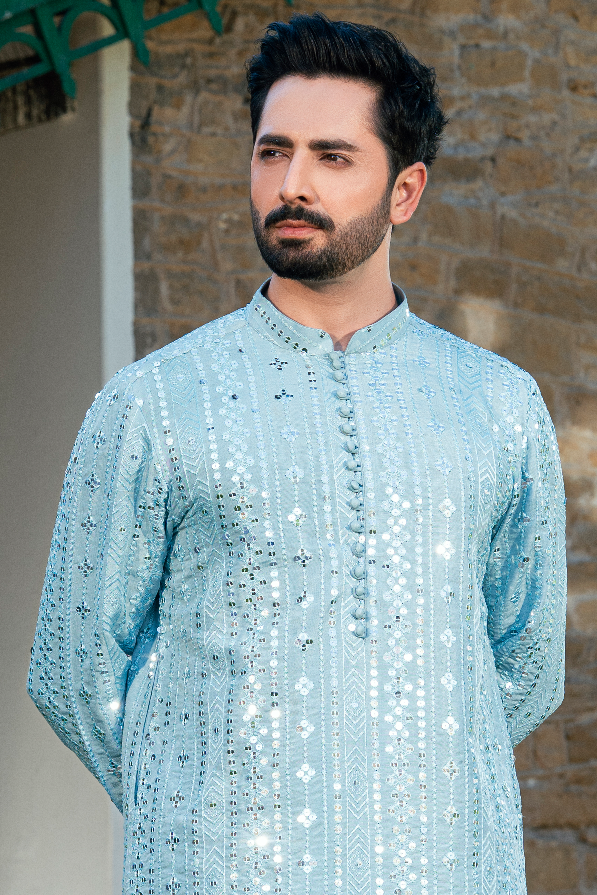 Pleated Collar Kurta Shalwar in Ice Blue and White