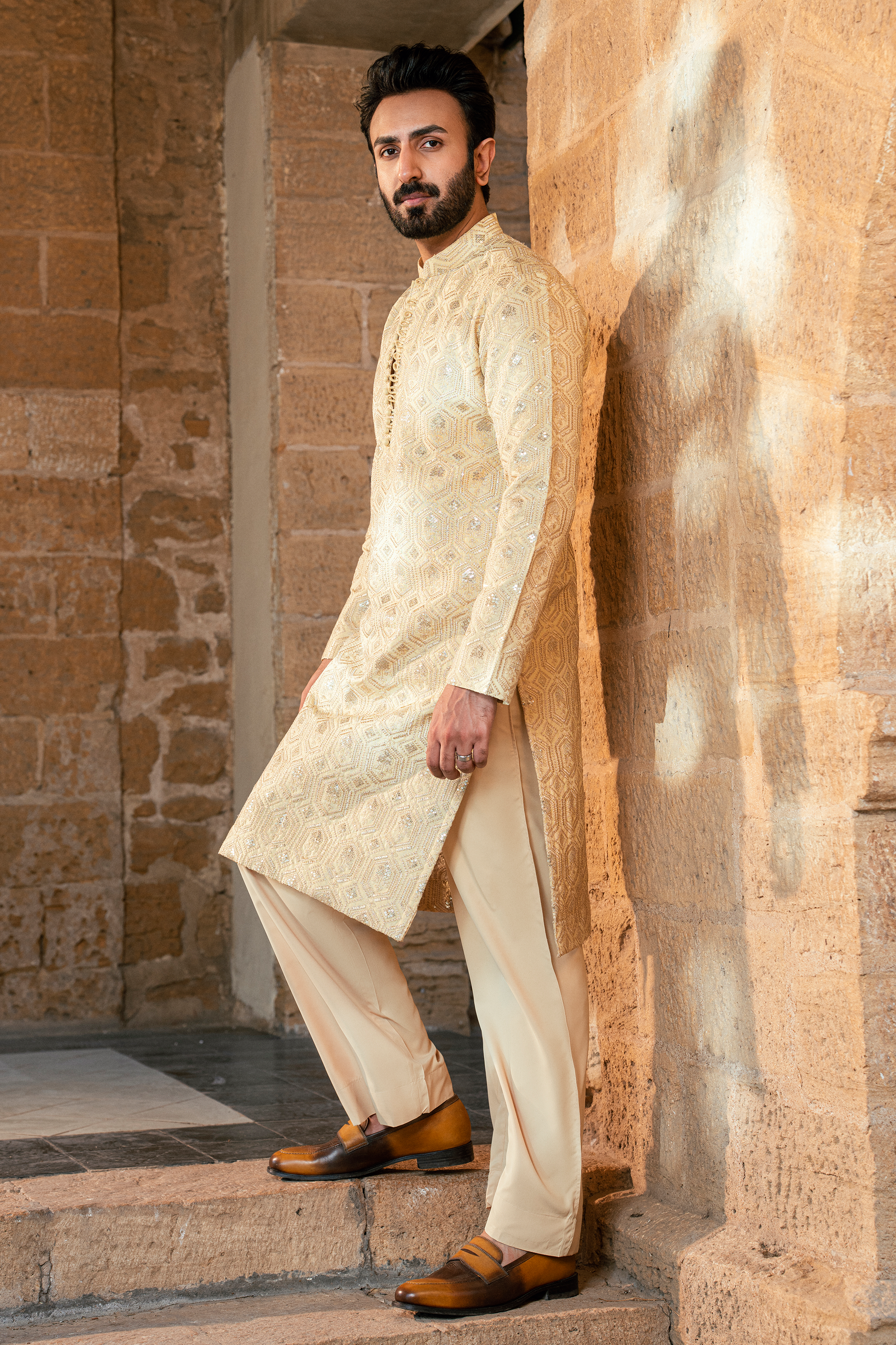Embroidered Buff Gold Kurta Pajama with Loop Button Closures
