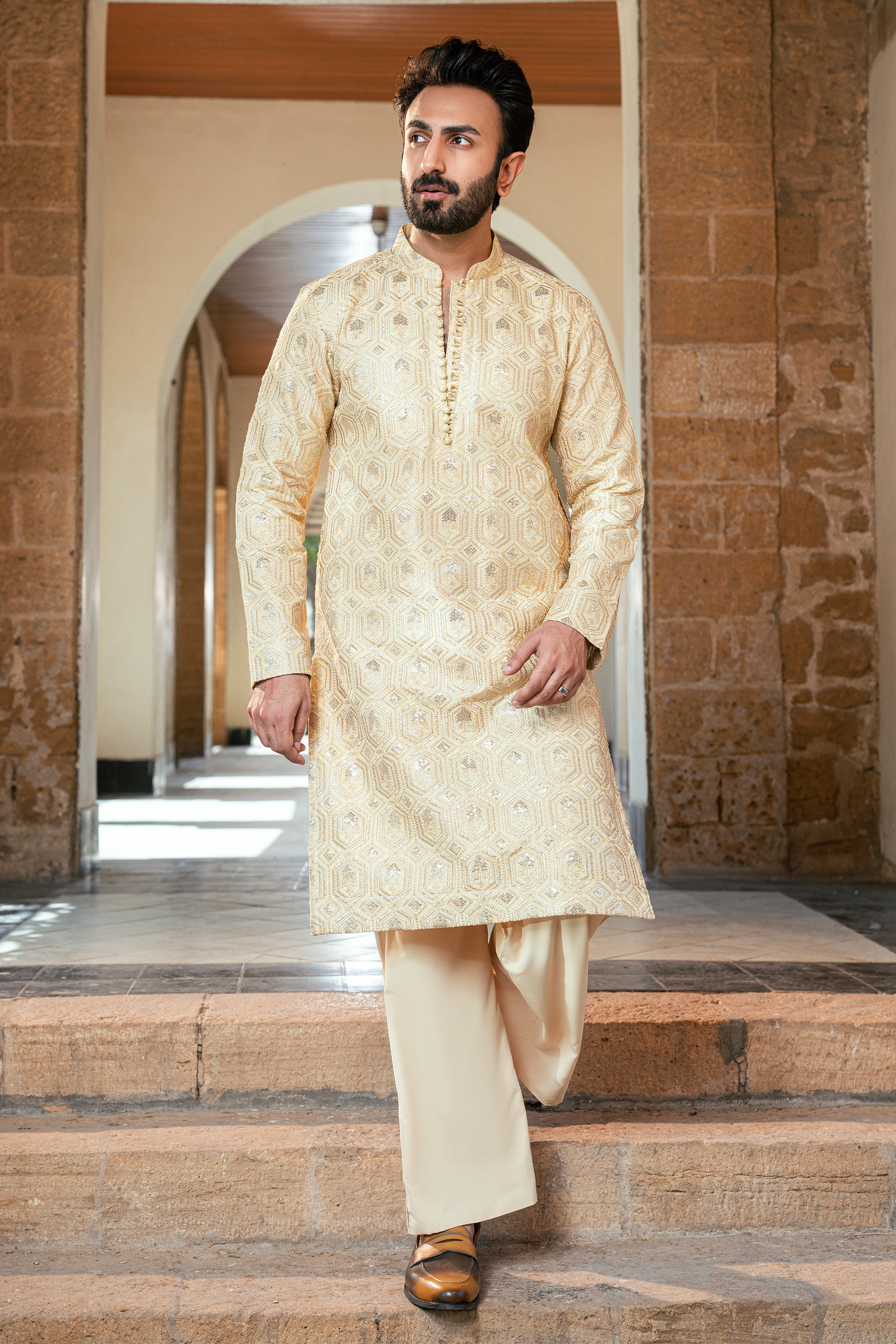 Embroidered Buff Gold Kurta Pajama with Loop Button Closures