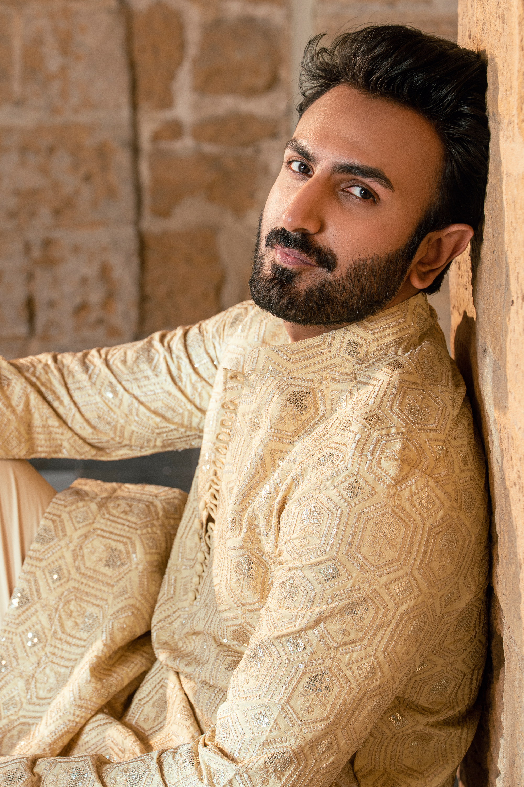 Embroidered Buff Gold Kurta Pajama with Loop Button Closures