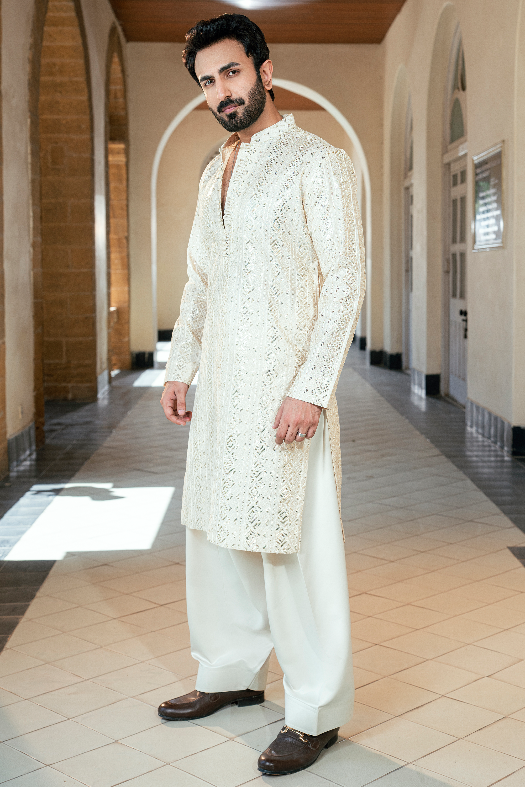 Ivory White Embroidered Kurta & Shalwar Set