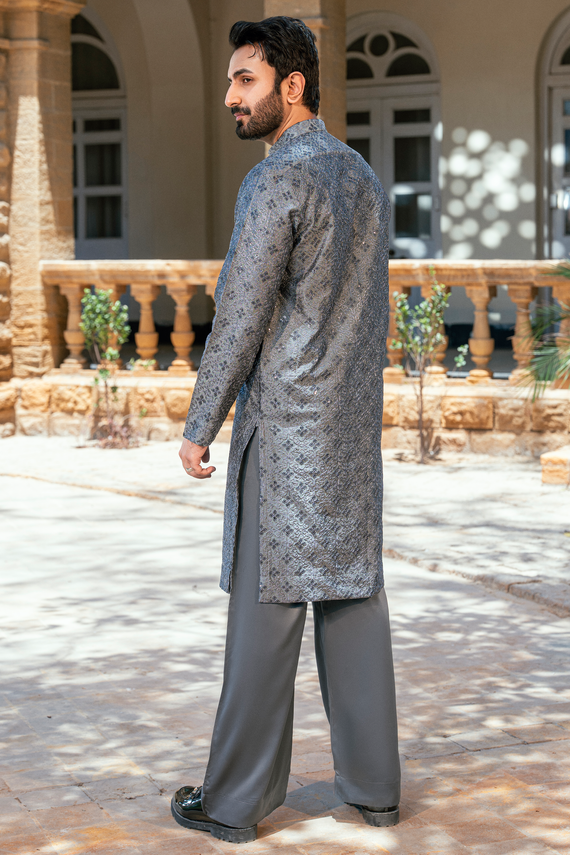 Slate Grey Embroidered Kurta Pajama with Floral Patterns
