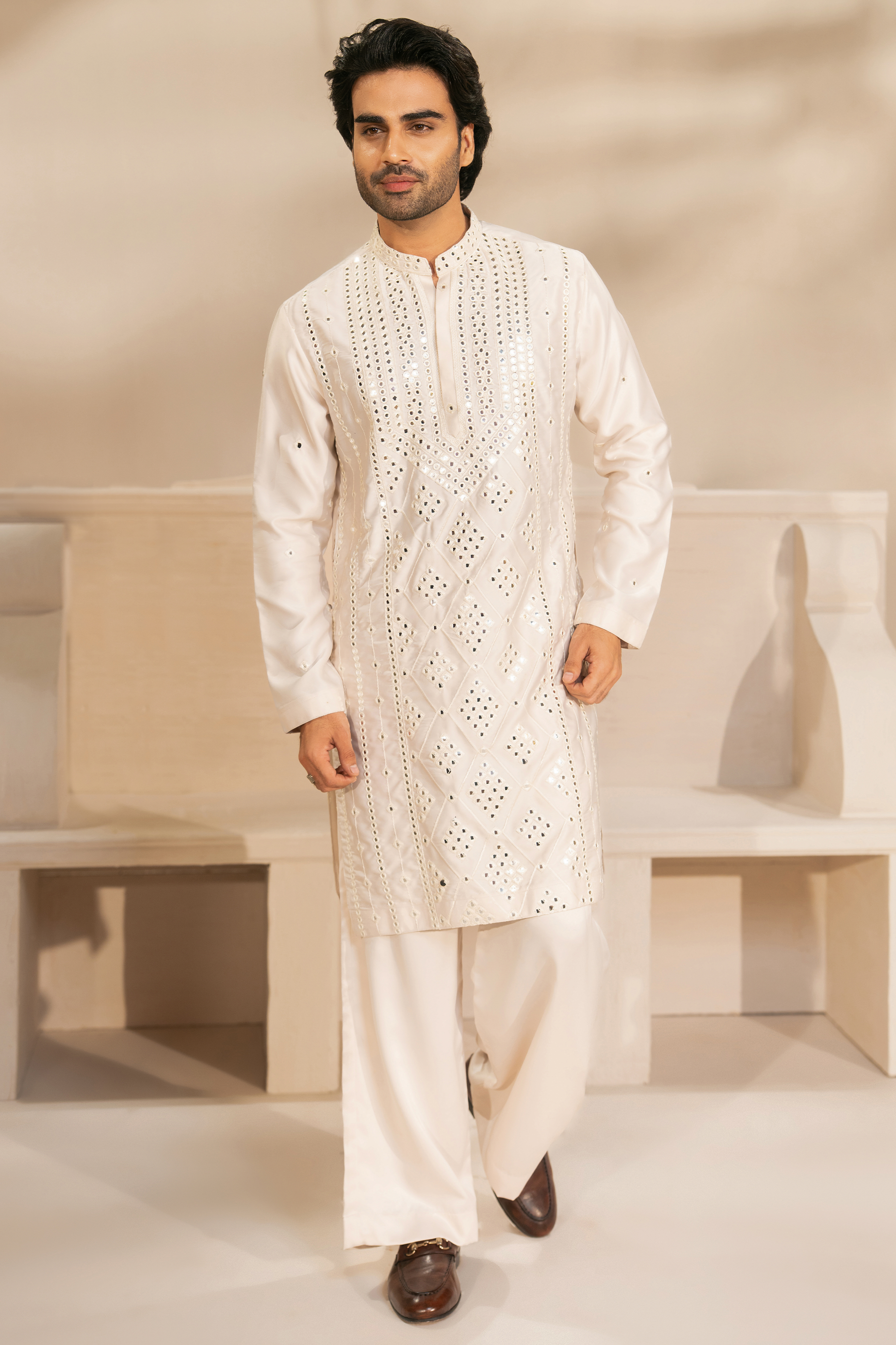 Lace Cream Kurta & Pajama Set