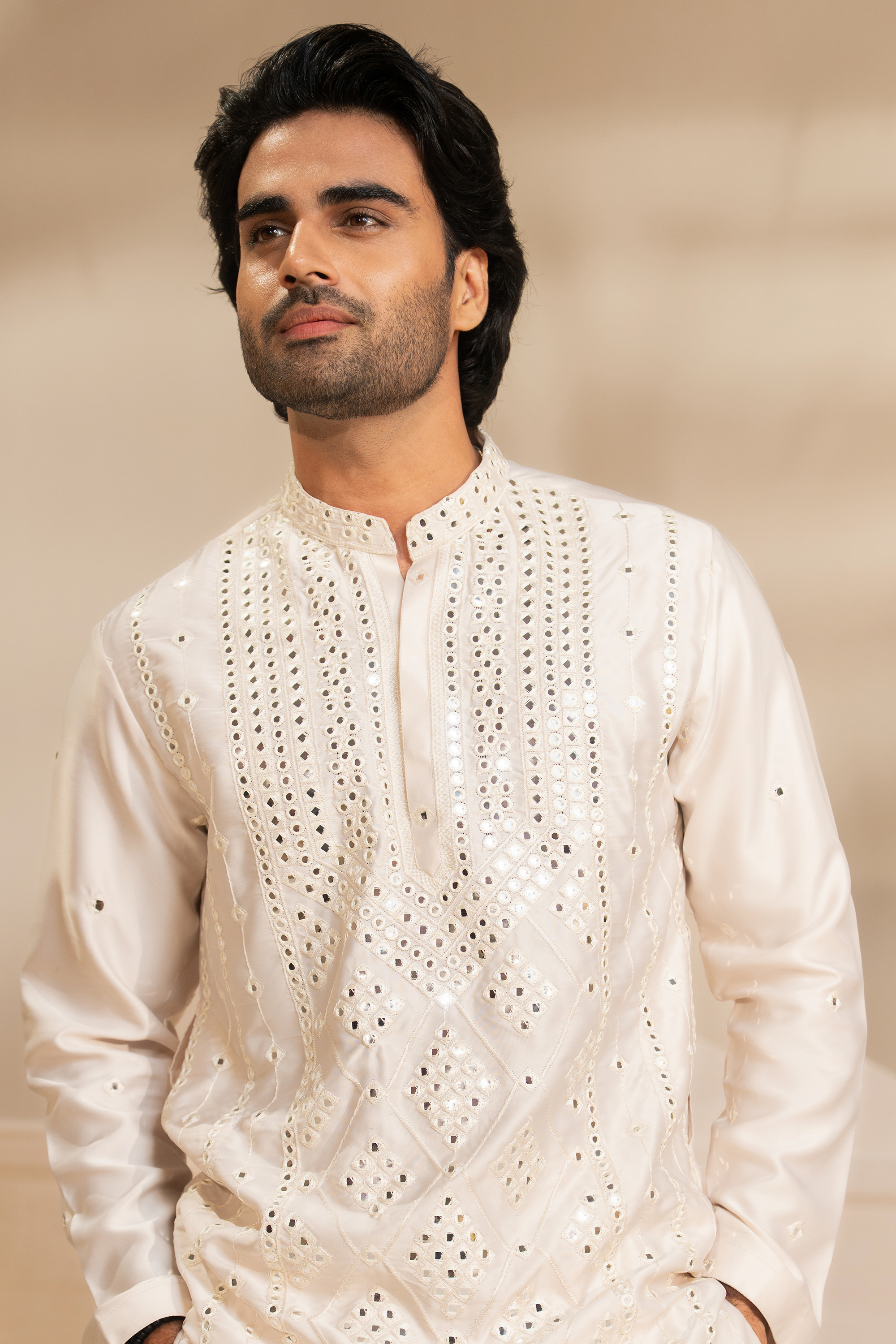 Lace Cream Kurta & Pajama Set