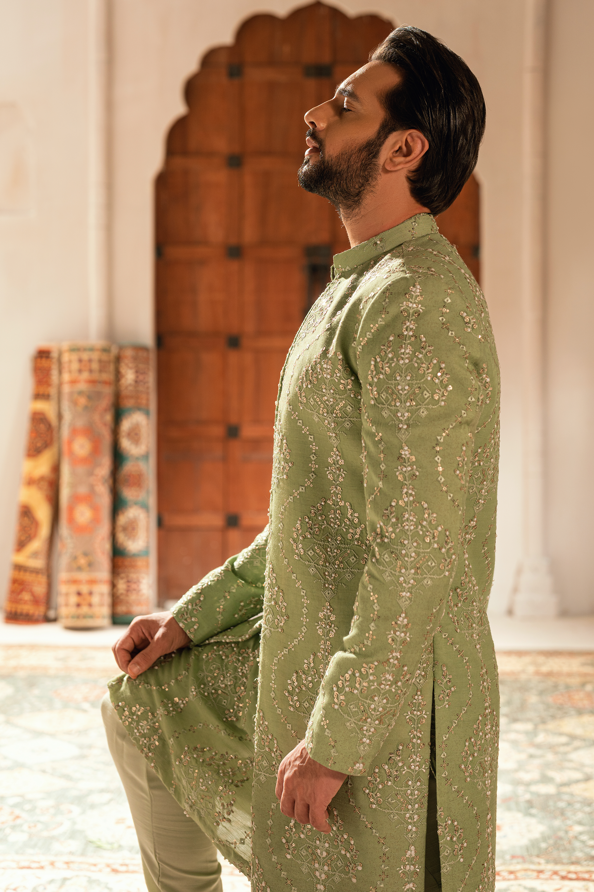 ER - 107 Sage Green Korean Silk Sherwani Set