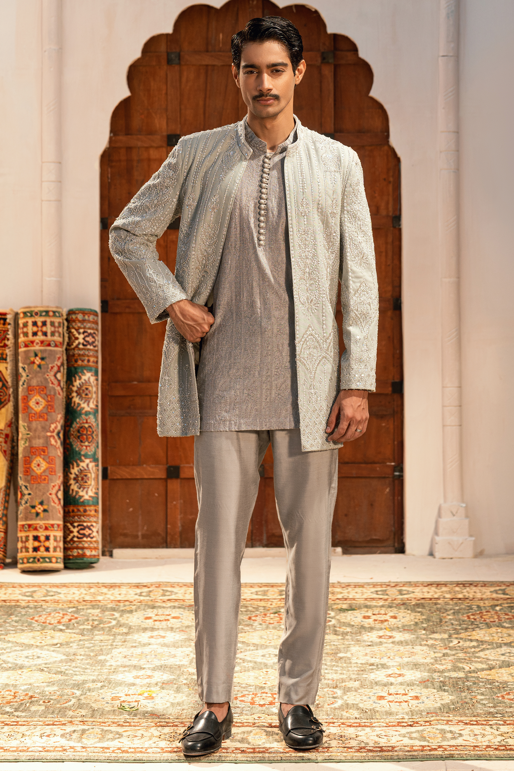 ER - 108 Silver Grey Embroidered Short Sherwani Set
