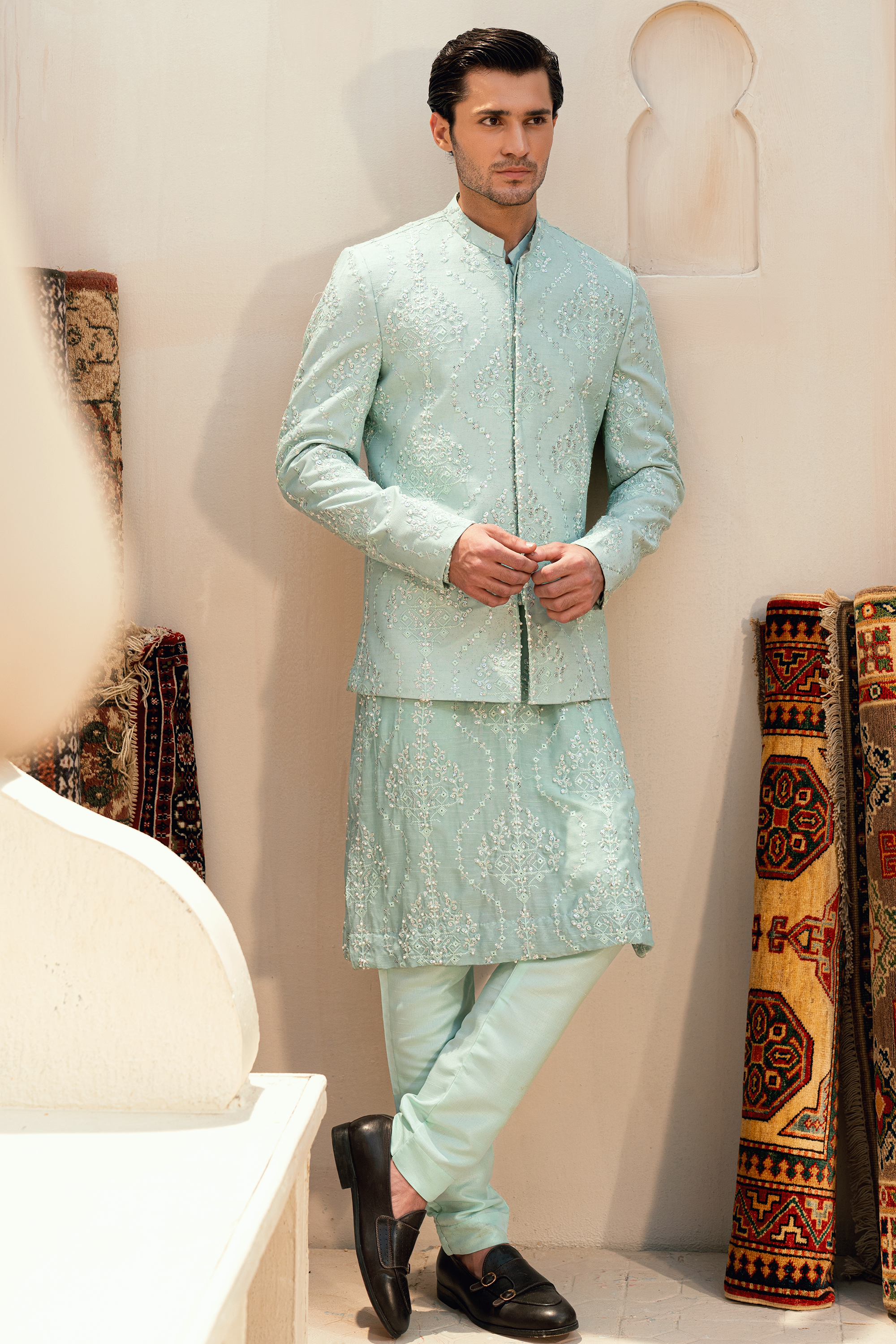 Light Blue Korean Silk Prince Coat Set