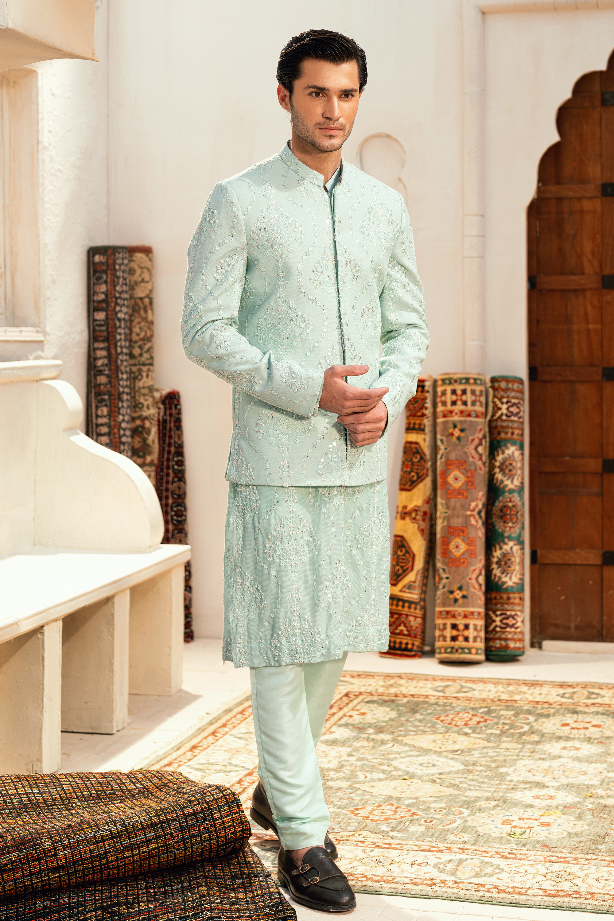 Light Blue Korean Silk Prince Coat Set