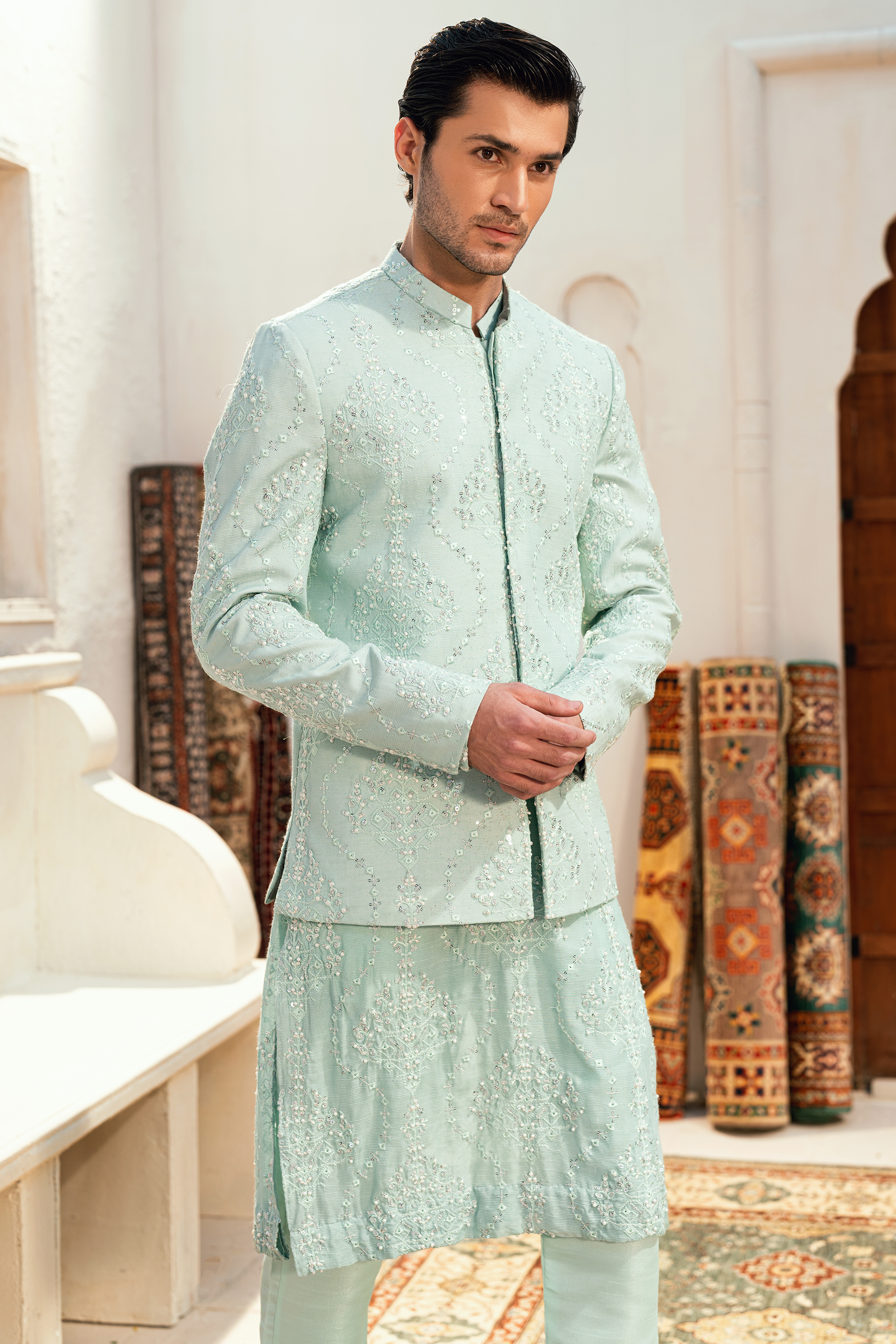 Light Blue Korean Silk Prince Coat Set