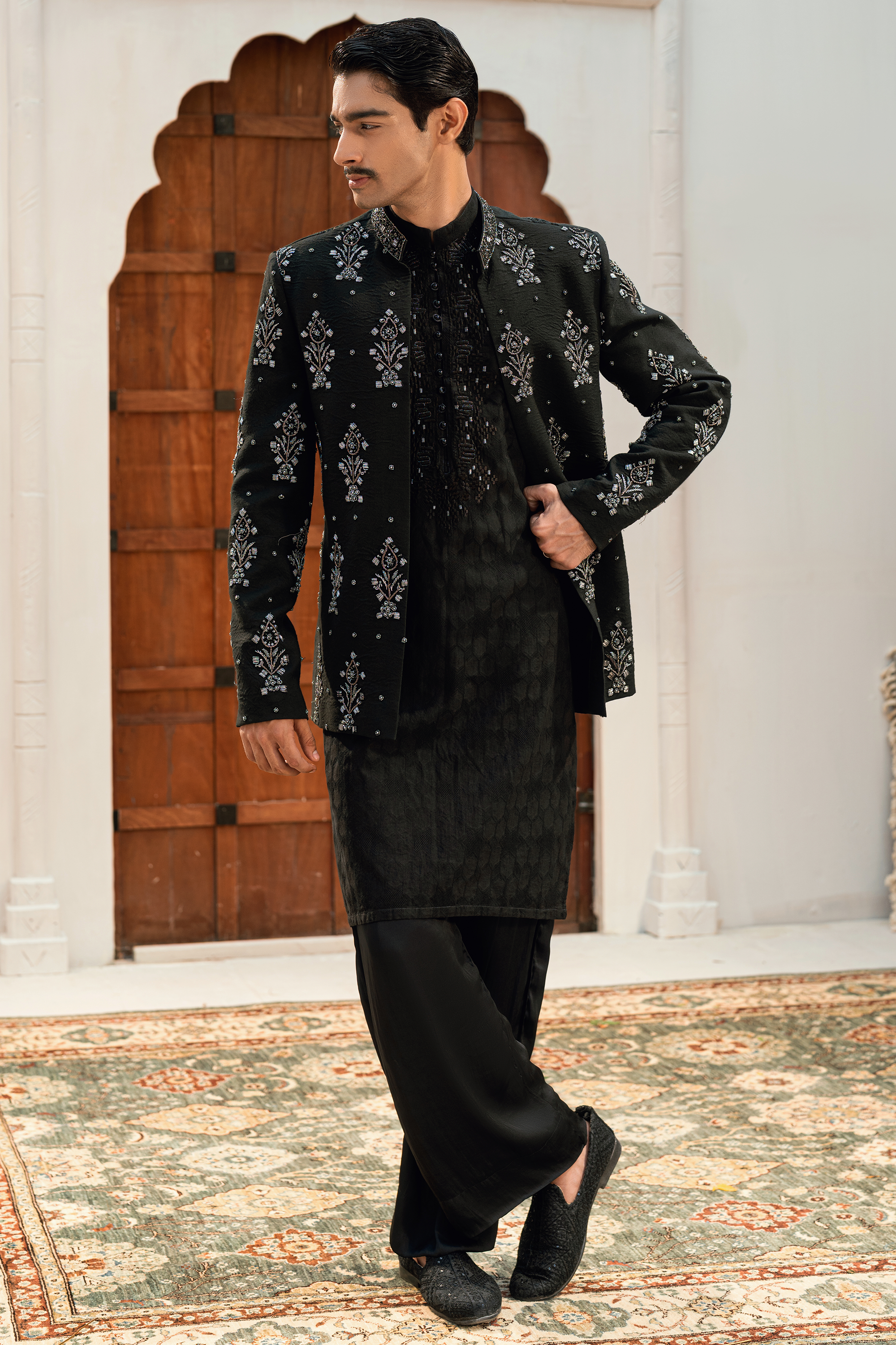 Dark Black Kurta Pajama with Ash Grey Prince Coat