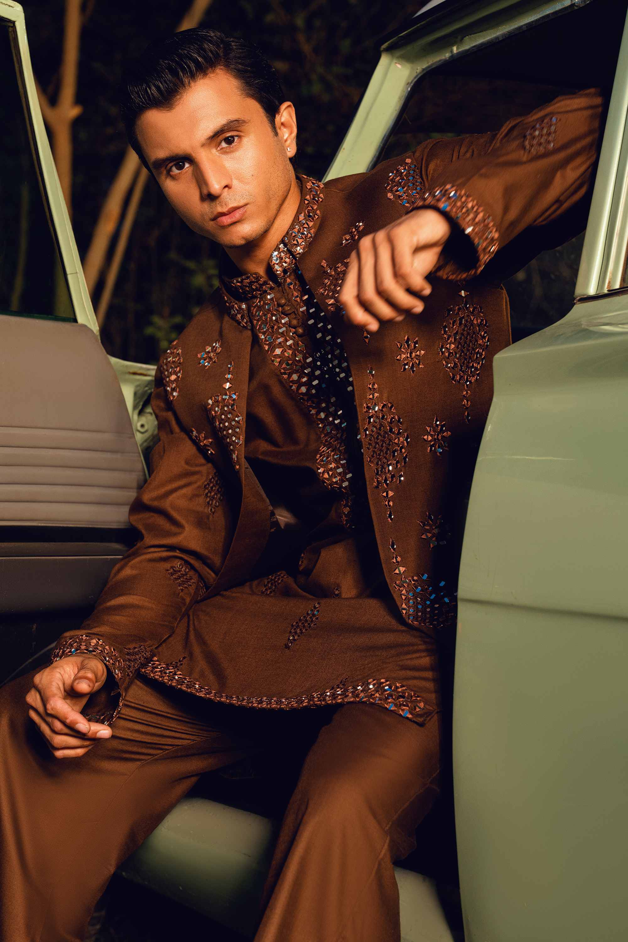 Dark Brown Embroidered Open Waistcoat Set