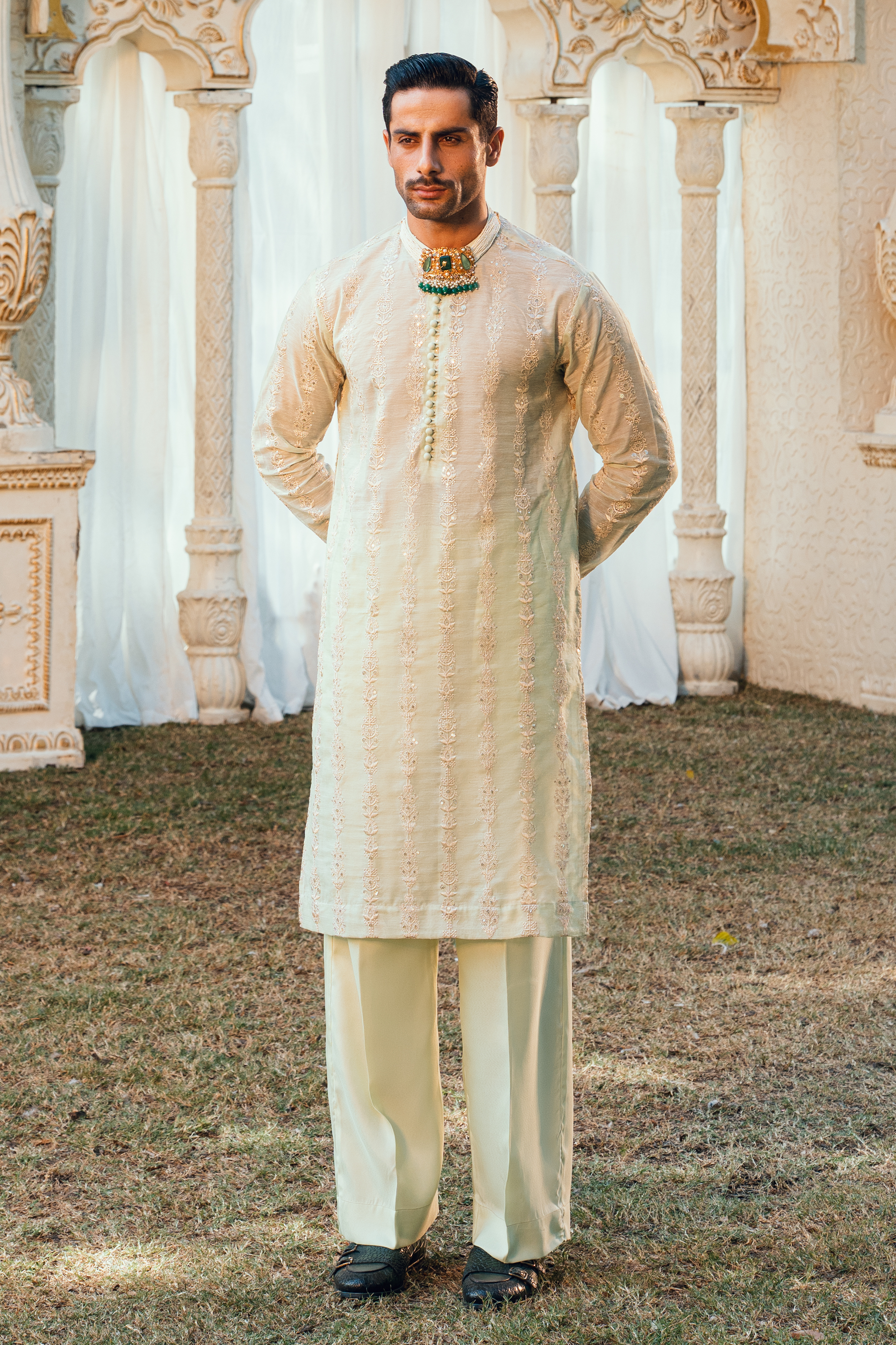 Nyanza Green Tropical Silk Embroidered Kurta Pajama Set