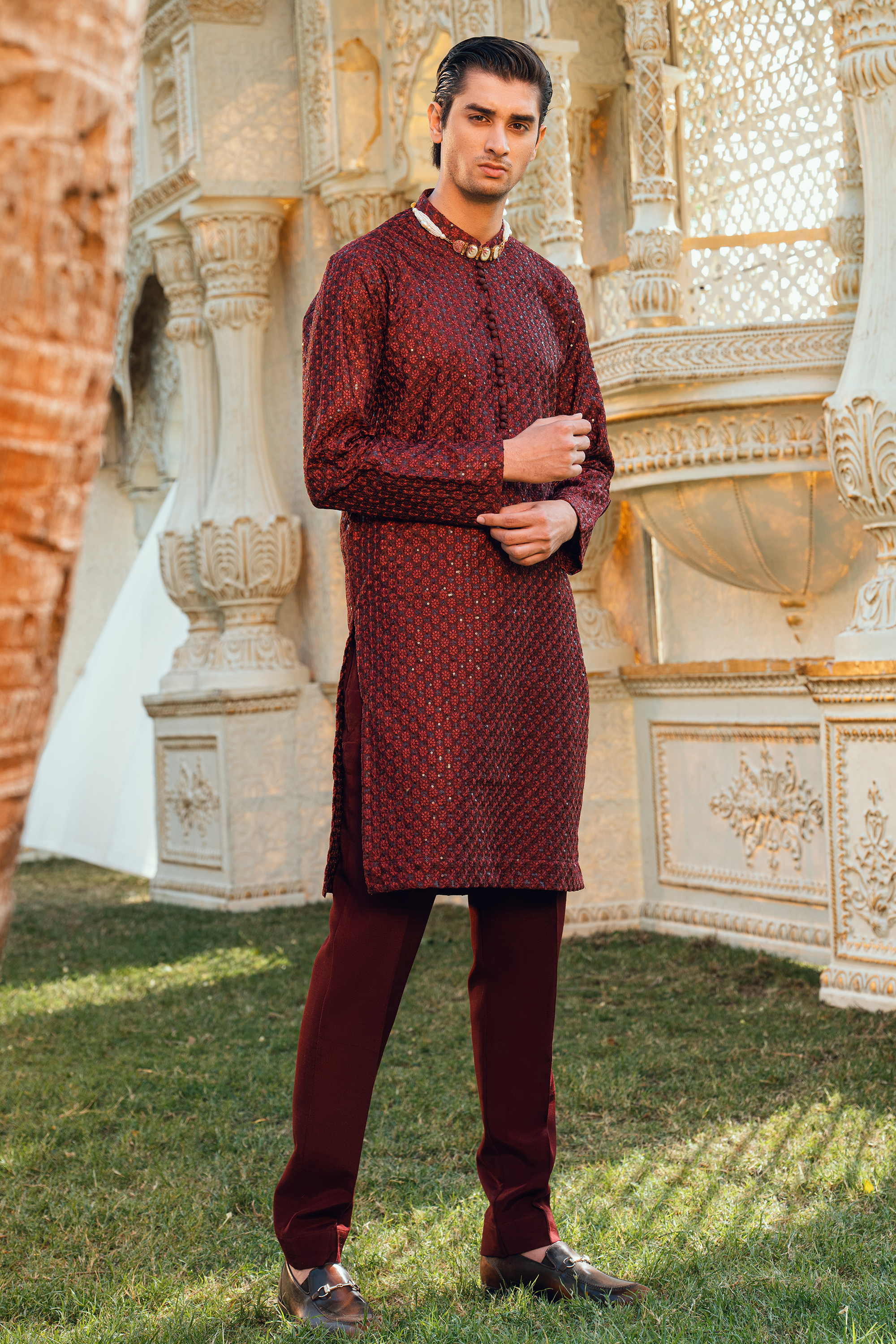 Royal Maroon Tropical Silk Embroidered Kurta Pajama Set