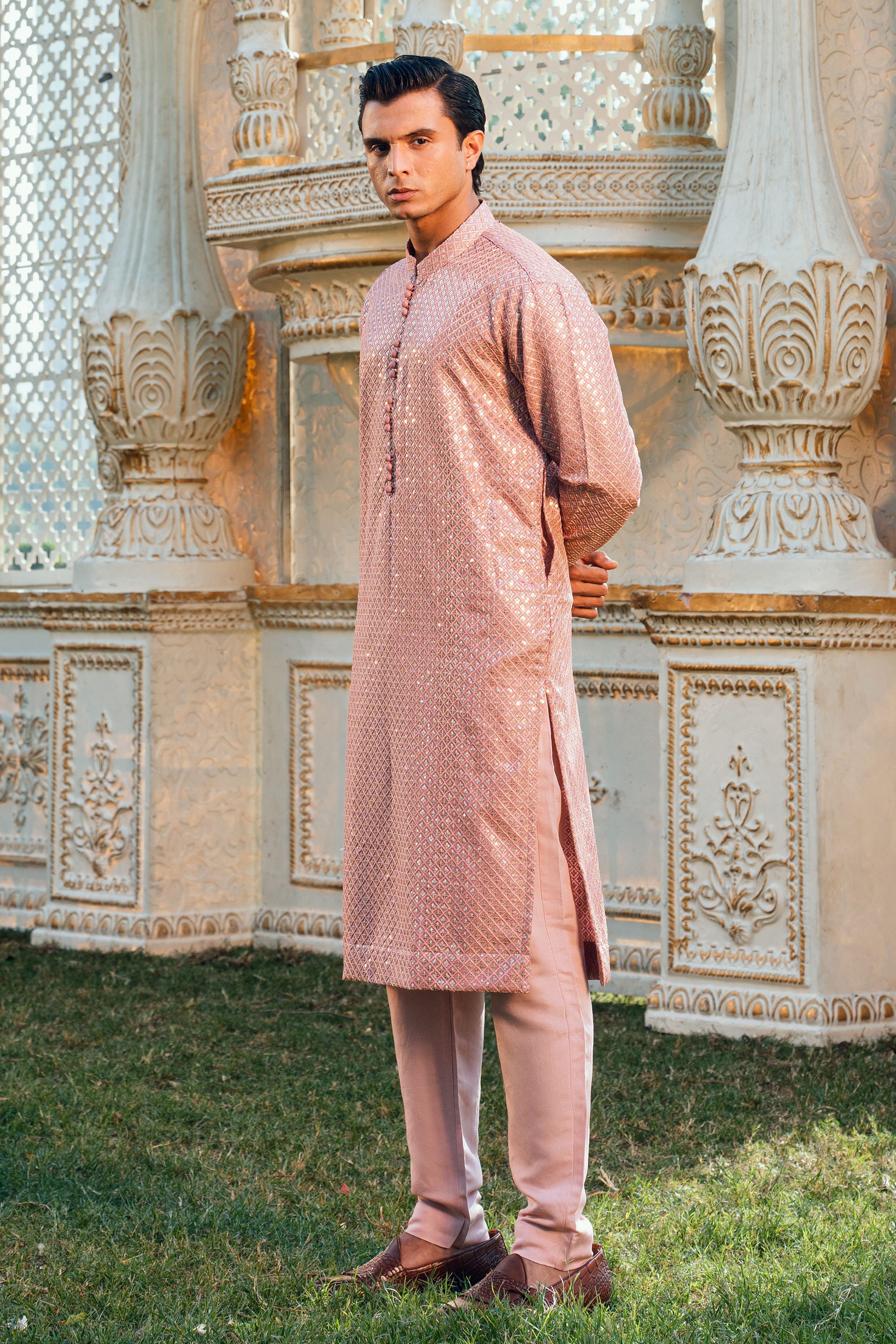 Rose Gold Tropical Silk Embroidered Kurta Pajama Set