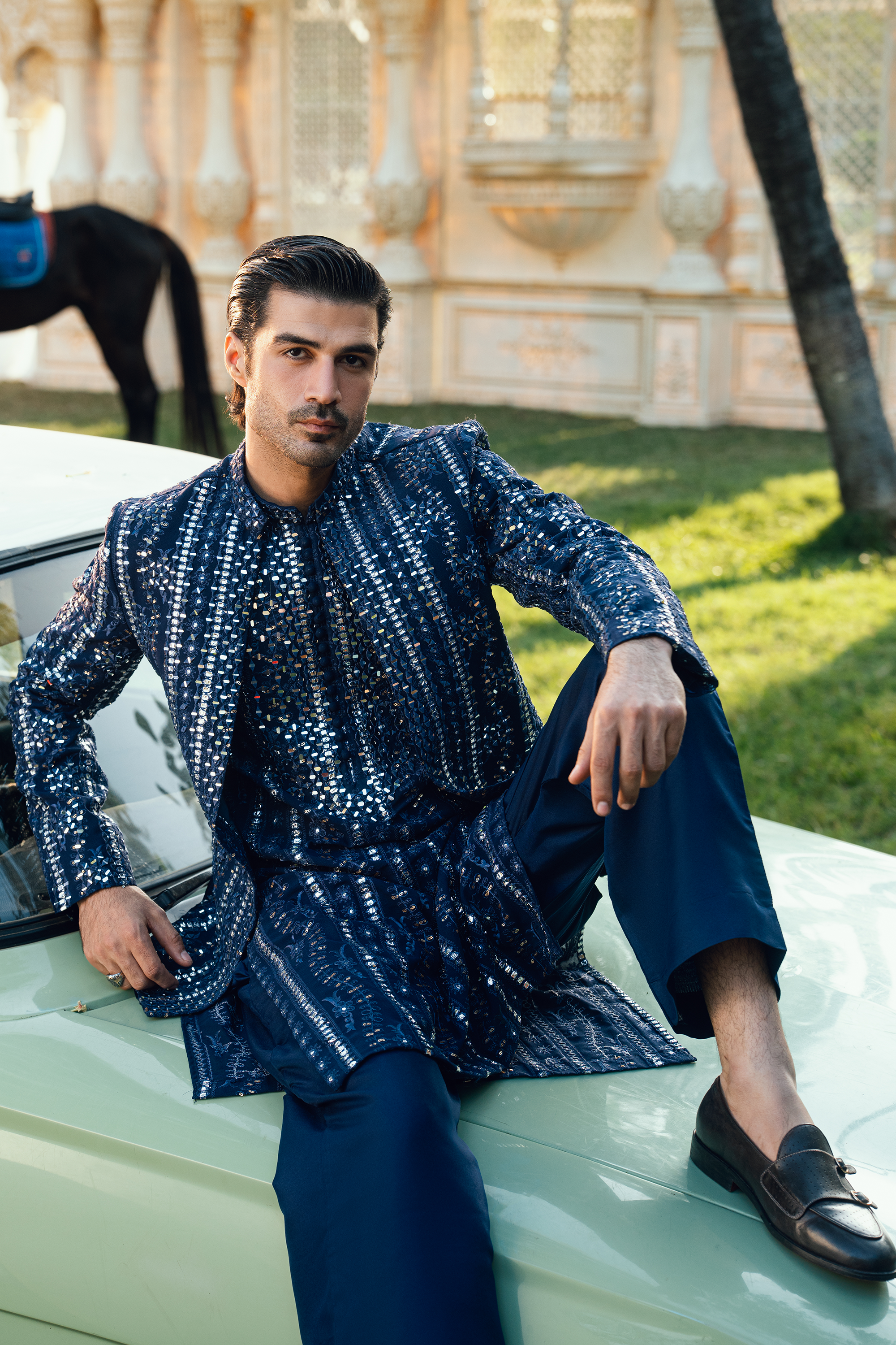 Sapphire Blue Embroidered Open Prince Coat Set