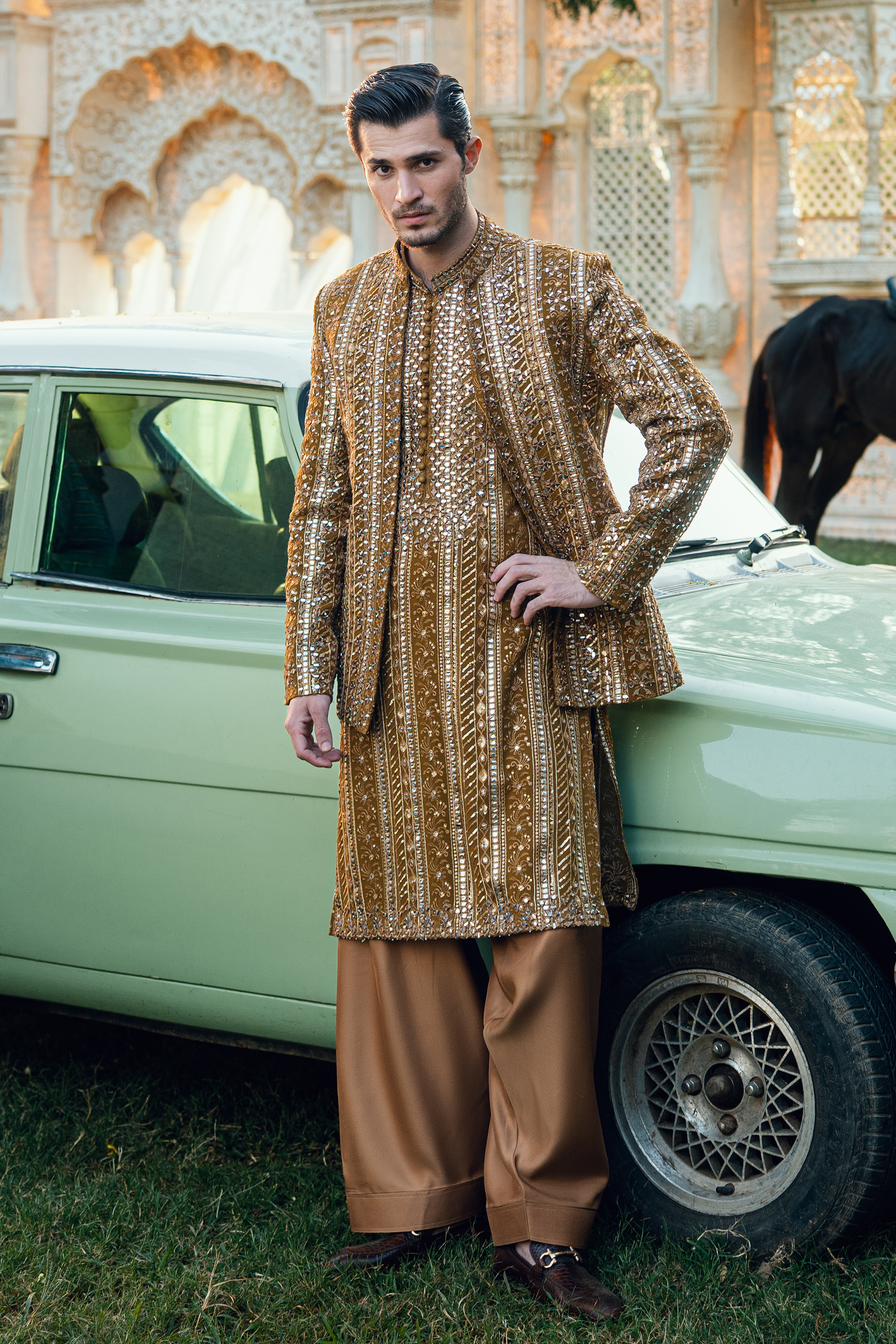 Golden Embroidered Open Prince Coat Set