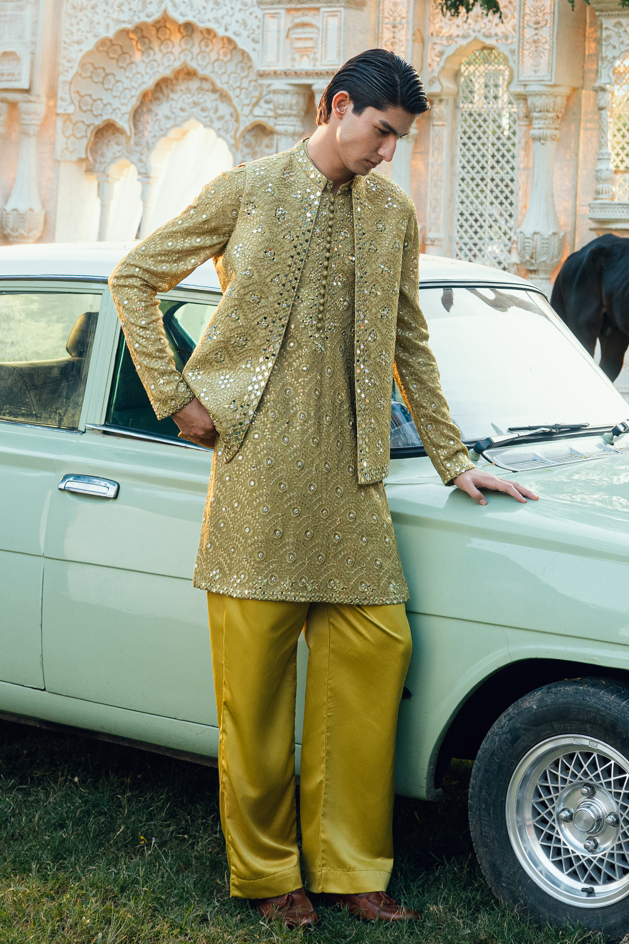 Olive Yellow Embroidered Open Waistcoat Set