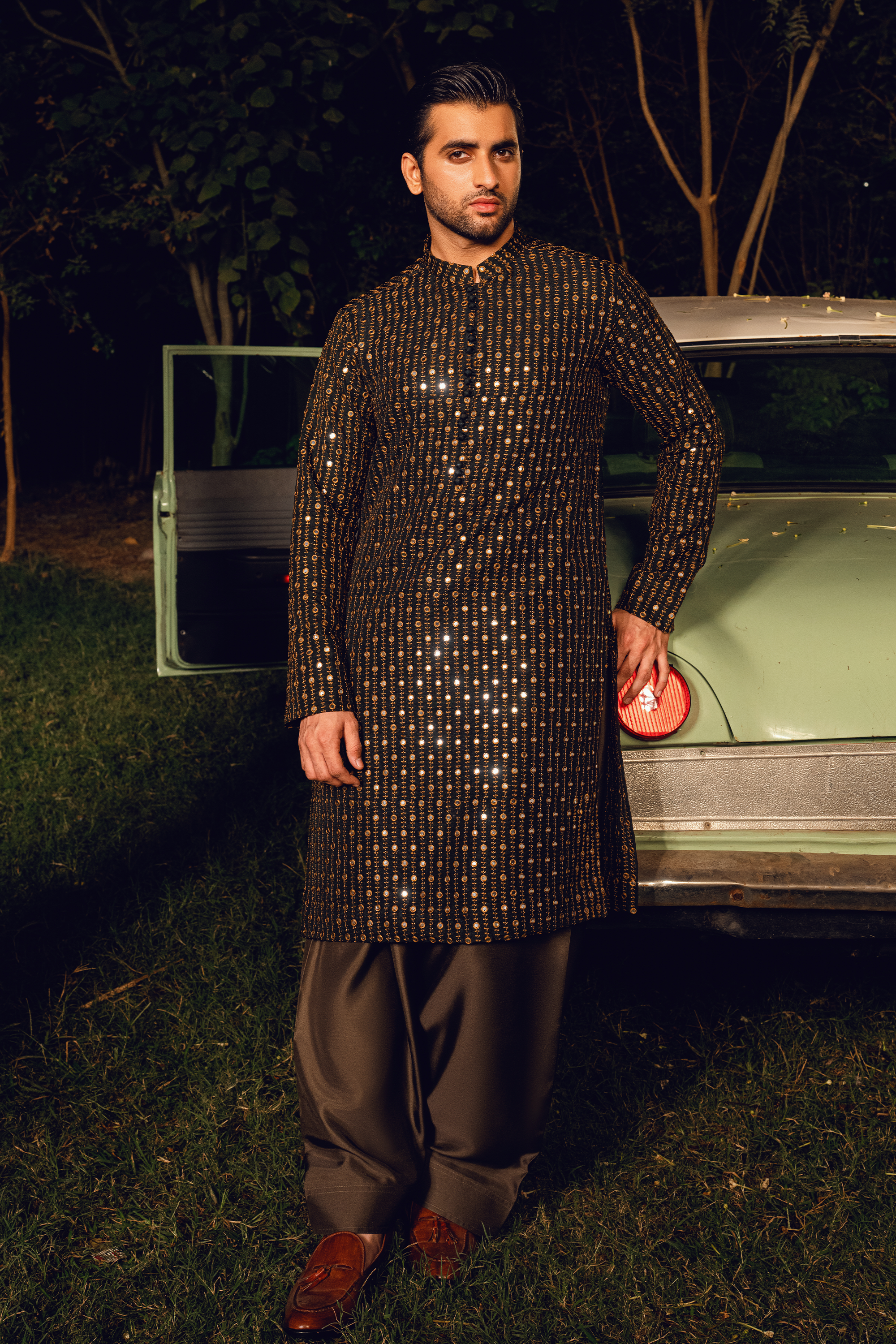 Dark Brown Tropical Silk Embroidered Kurta Farshi Shalwar Set