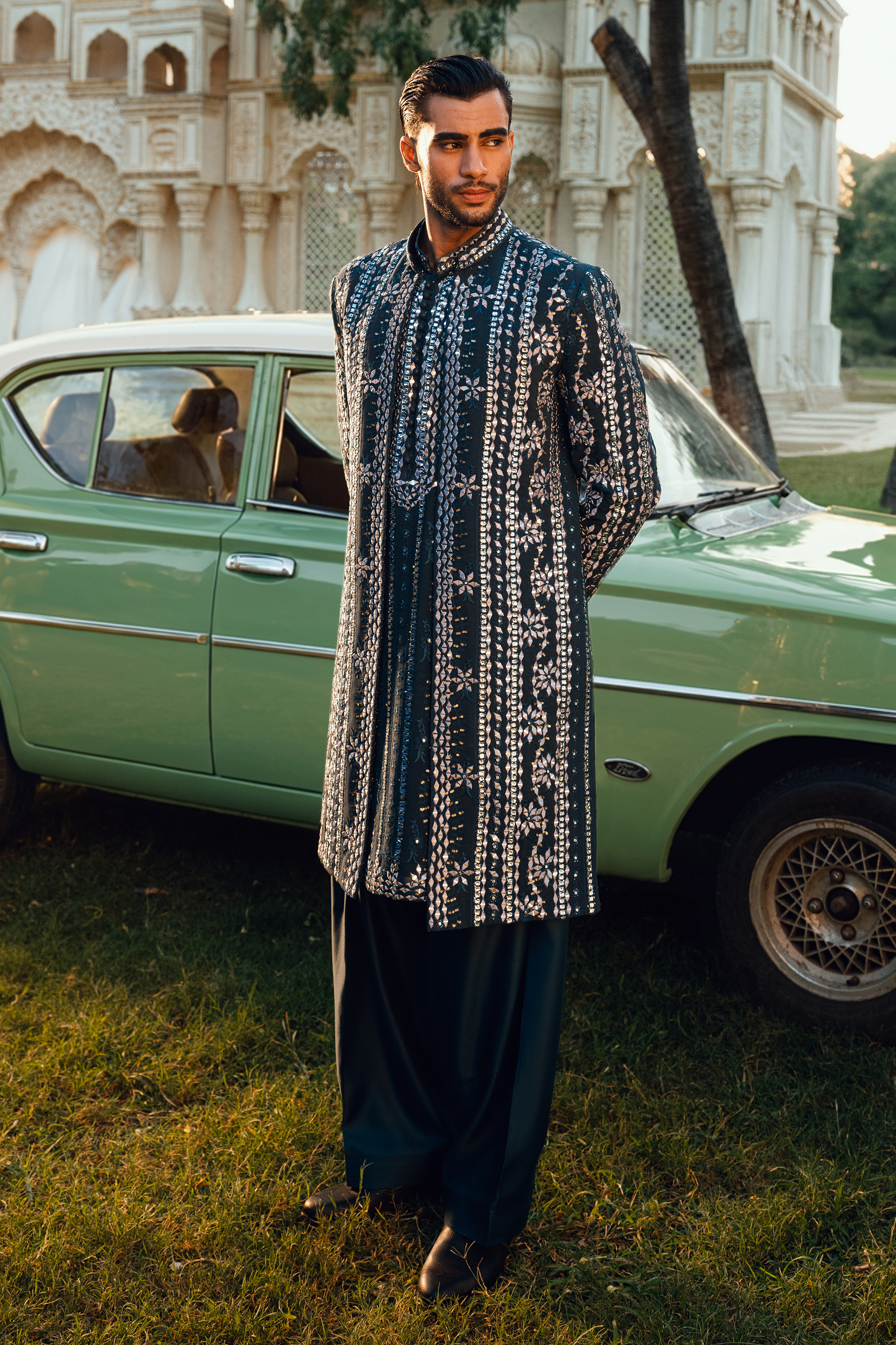 ER - 117 Azure Blue Embroidered Open Sherwani Set