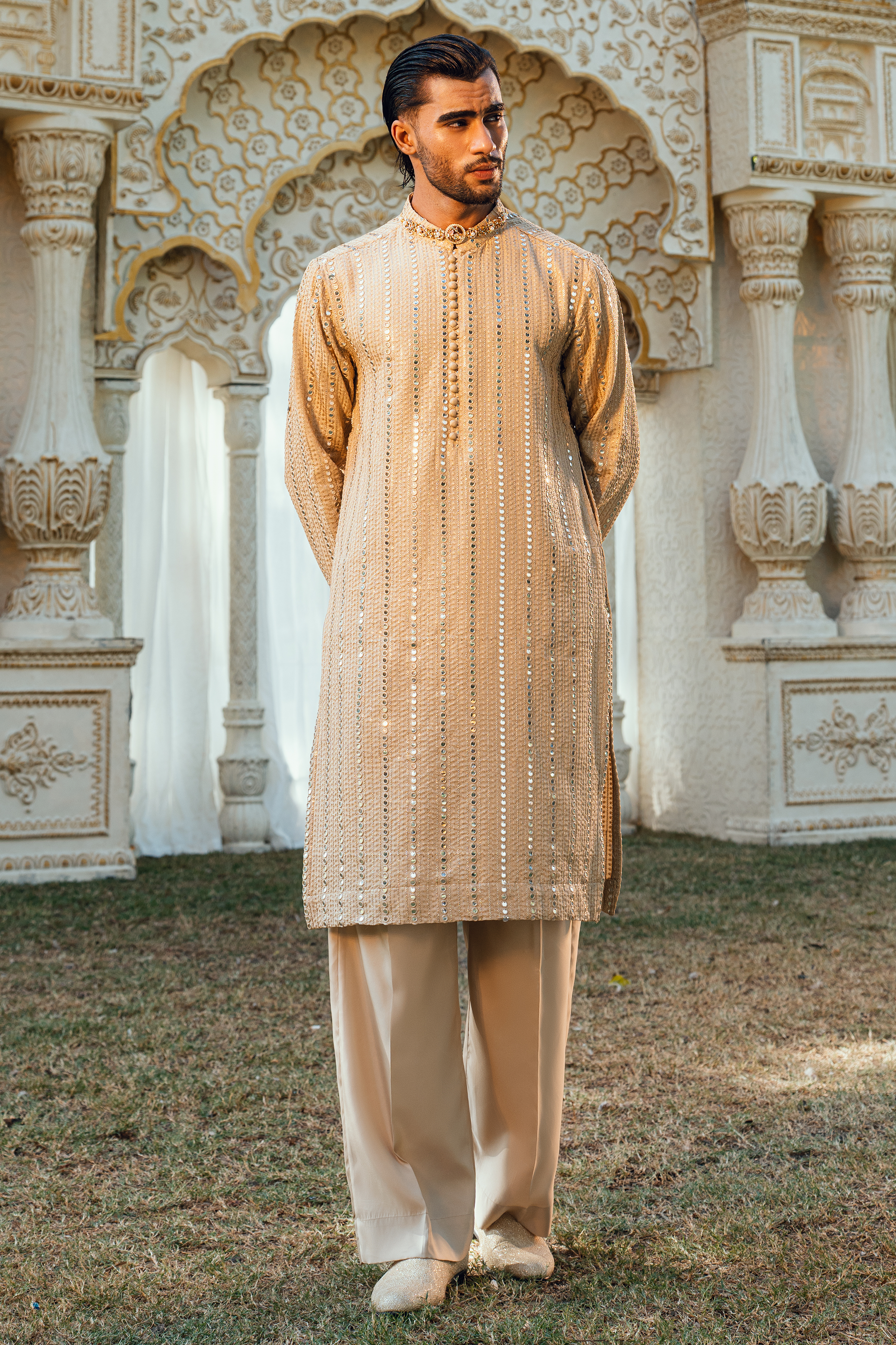 Flaxen Gold Tropical Silk Embroidered Kurta Pajama Set