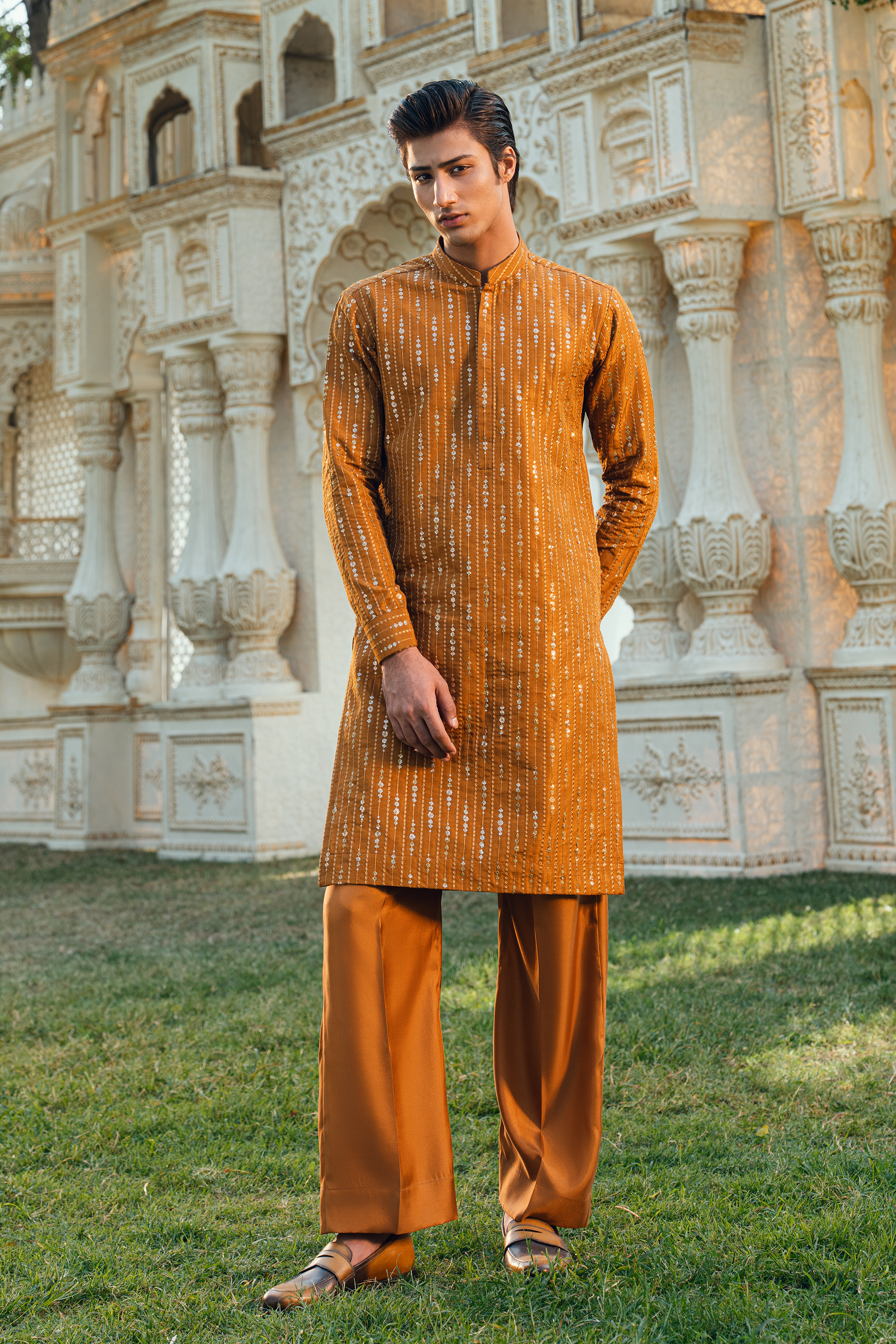 Ochre Mustard & Flaxen Gold Tropical Silk Embroidered Kurta Pajama Set