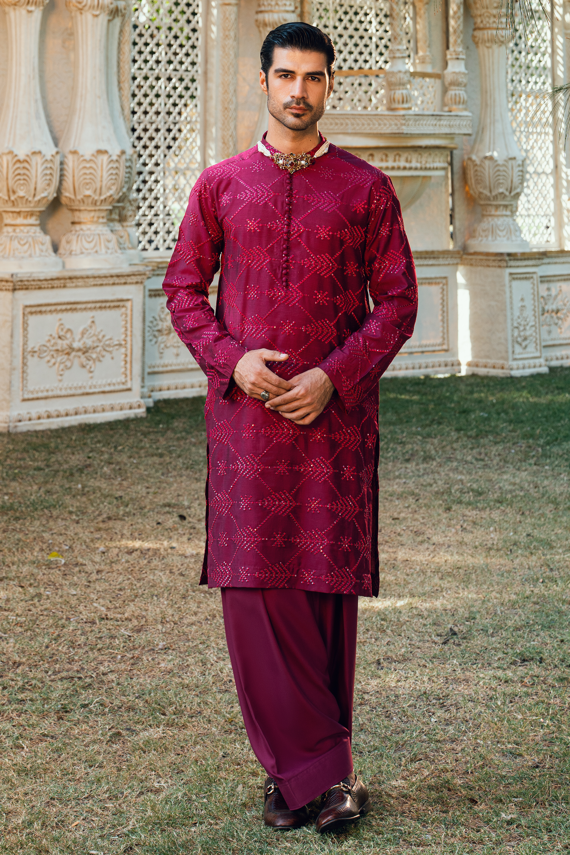 Dark Burgundy Tropical Silk Embroidered Kurta Pajama Set