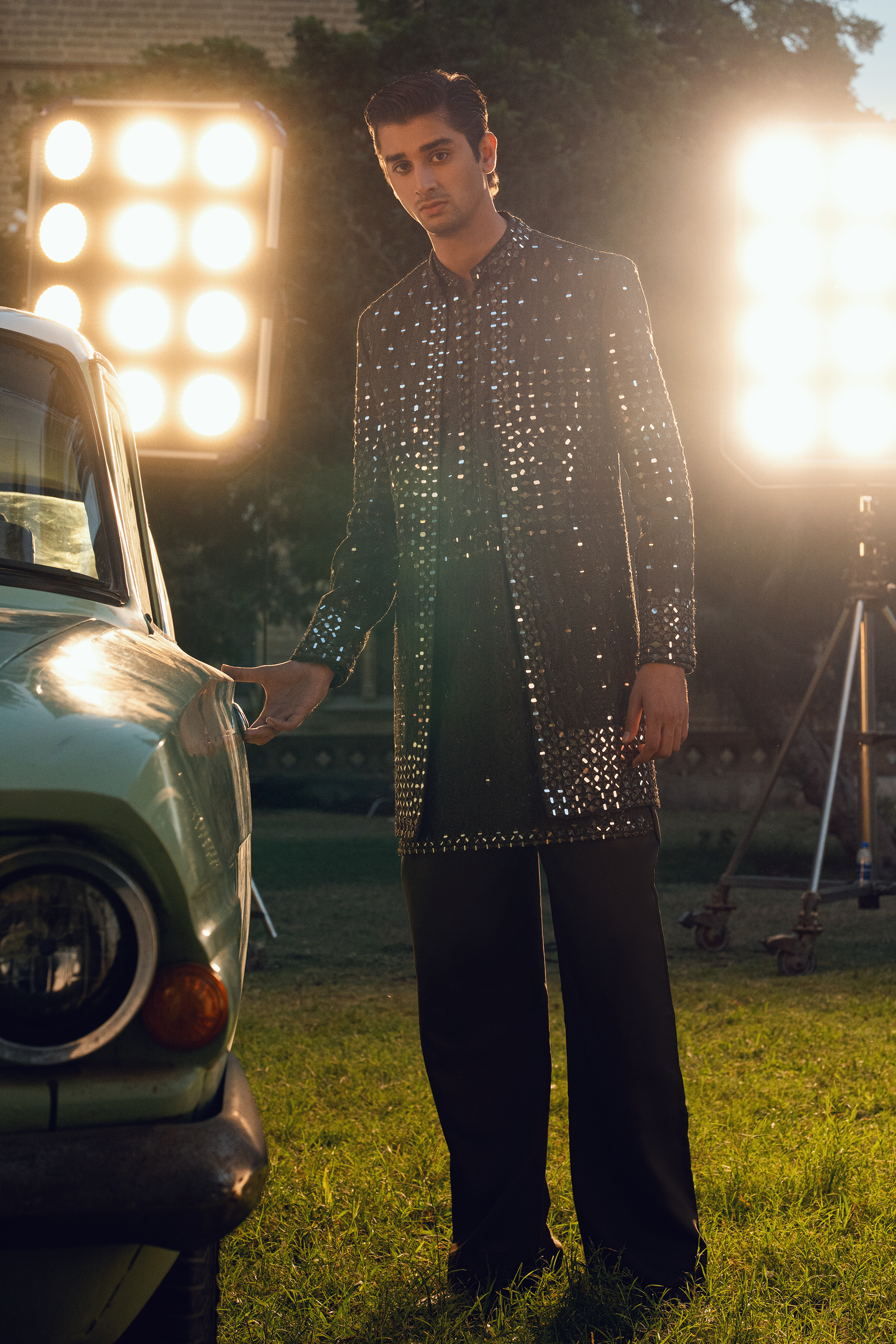 ER - 118 Seaweed Green Embroidered Open Sherwani Set