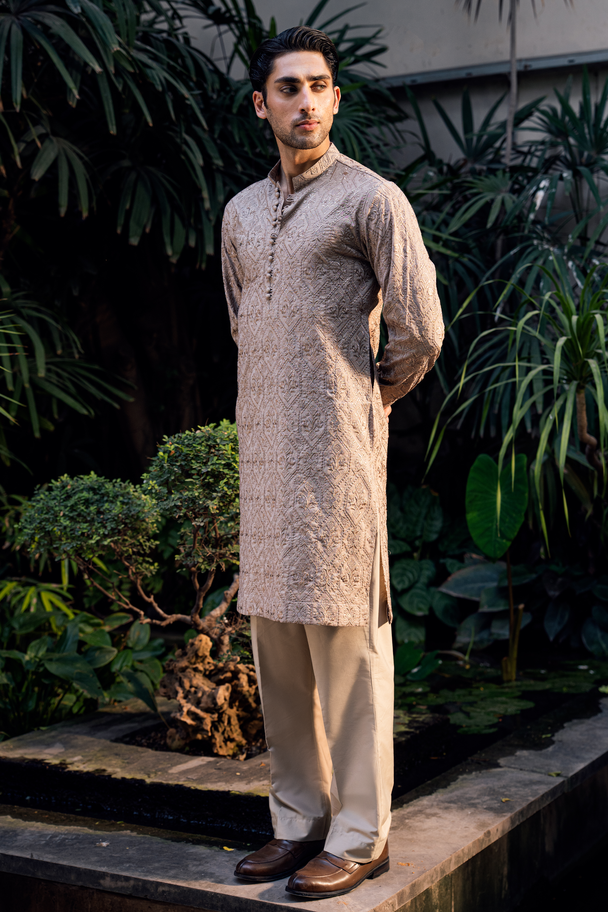 Sand Brown Embroidered Kurta Pajama Set