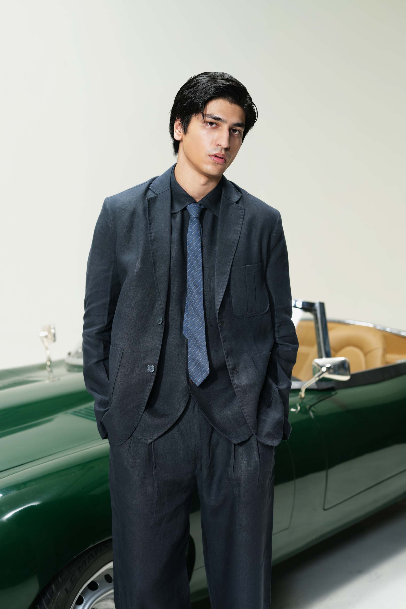 Dark Navy Blue “Old Money” Aesthetic Oversized Blazer Set (Blazer + Shirt + High-Waist Bell-Bottom Trousers)