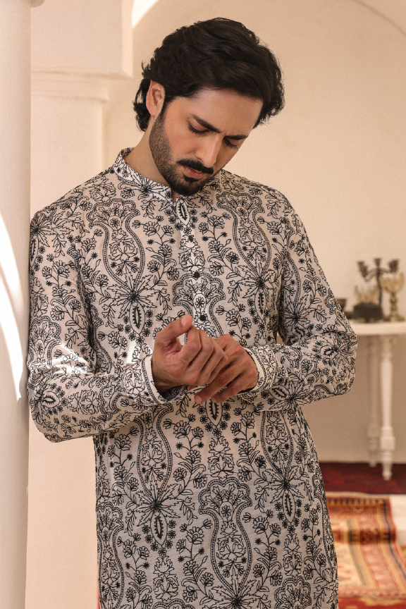 SB-07 Steel grey with black Embroidered kurta and pajama