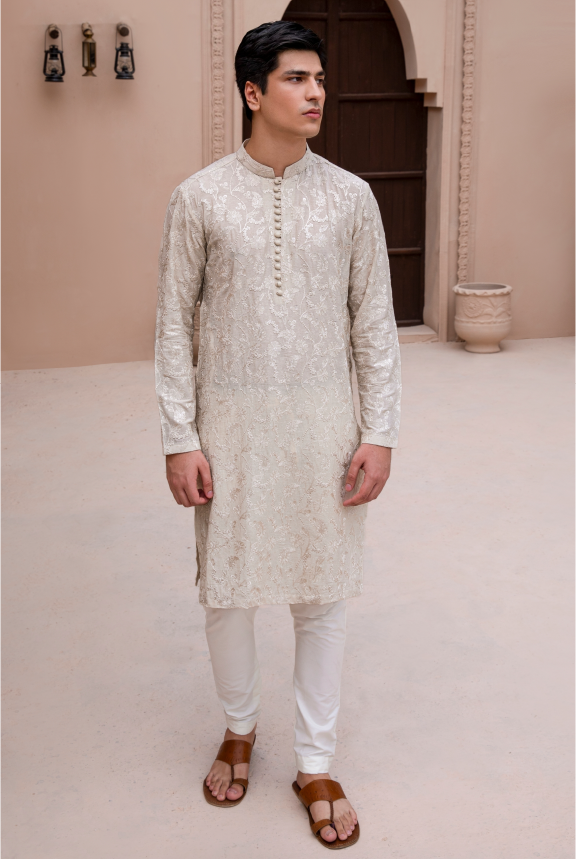 RHN - Beige Linen Karandi Embroidered Kurta Pajama