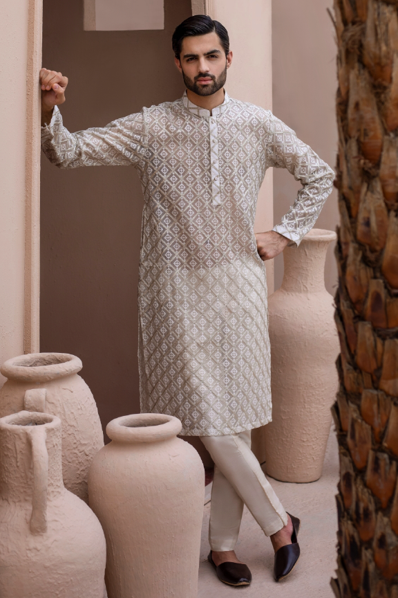 RHN - Band green and white Embroidered Kurta Pajama