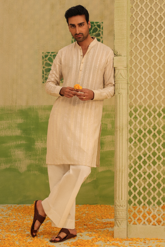 Mayassar - Parchment Beige Geometric Kurta Pajama