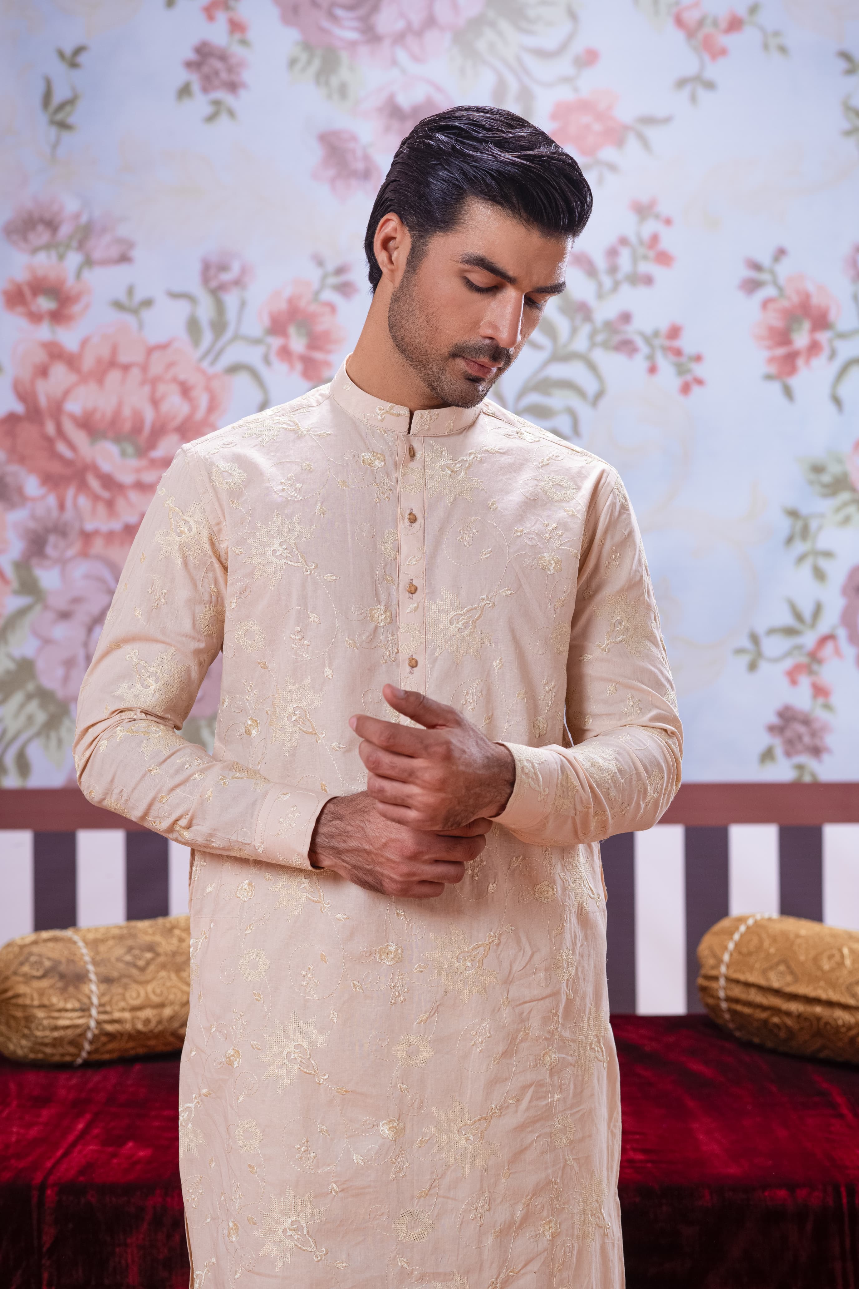 Muqabil - Bisque Embroidered Kurta Pajama