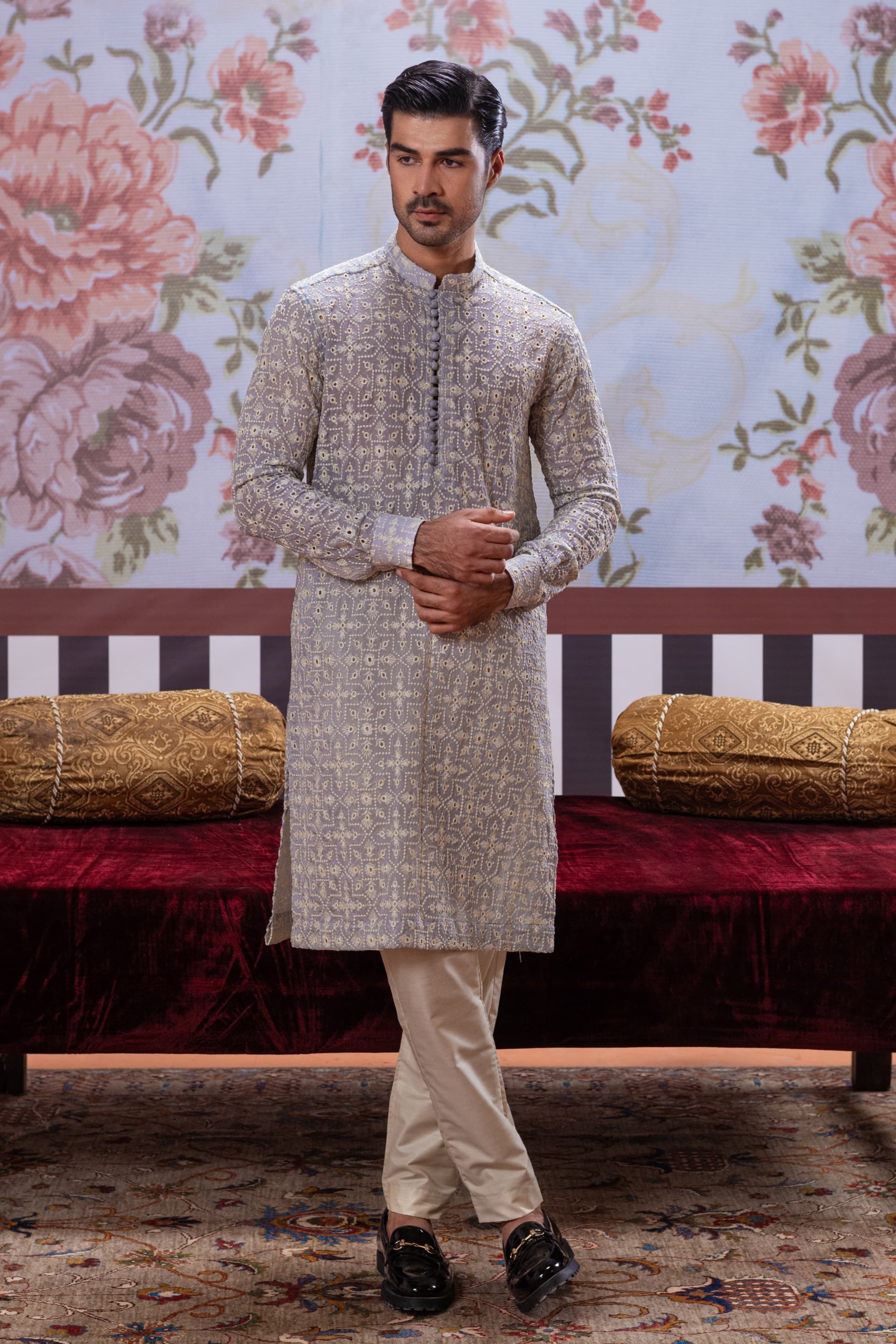 Muqabil - Ash Gray Embroidered Kurta Pajama
