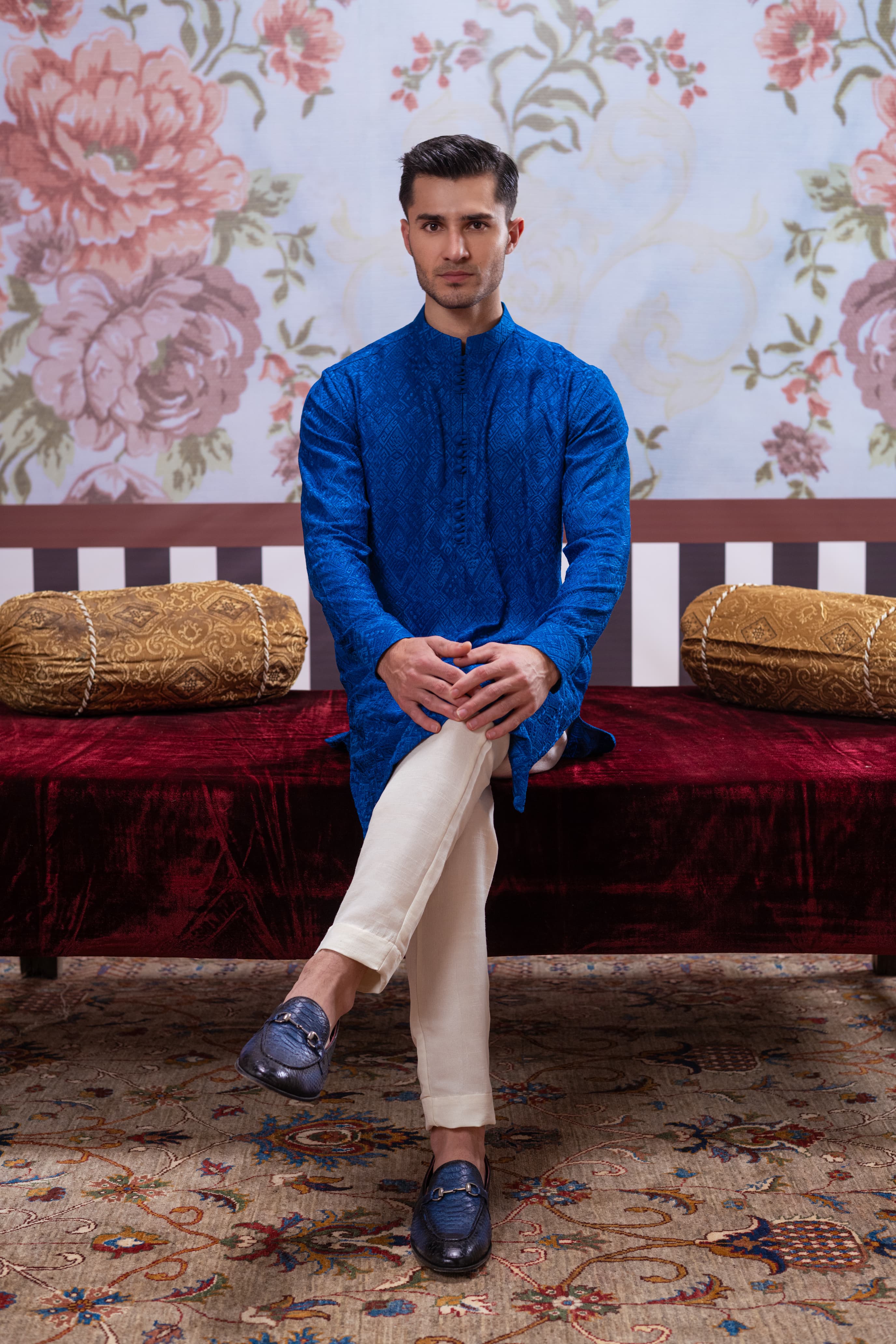 Muqabil - Azure Blue Embroidered Kurta Pajama