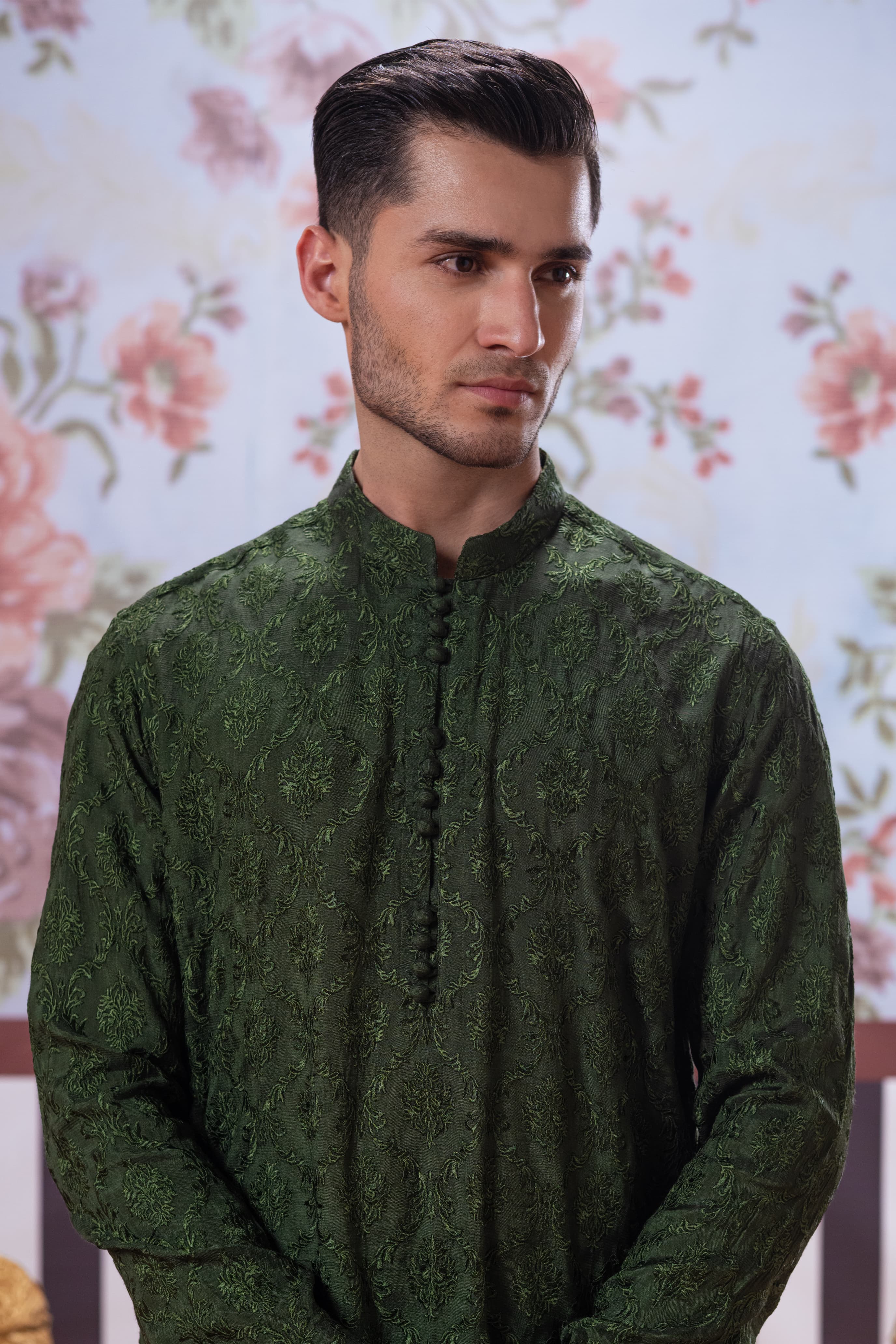Muqabil - Pine Green Embroidered Kurta Pajama
