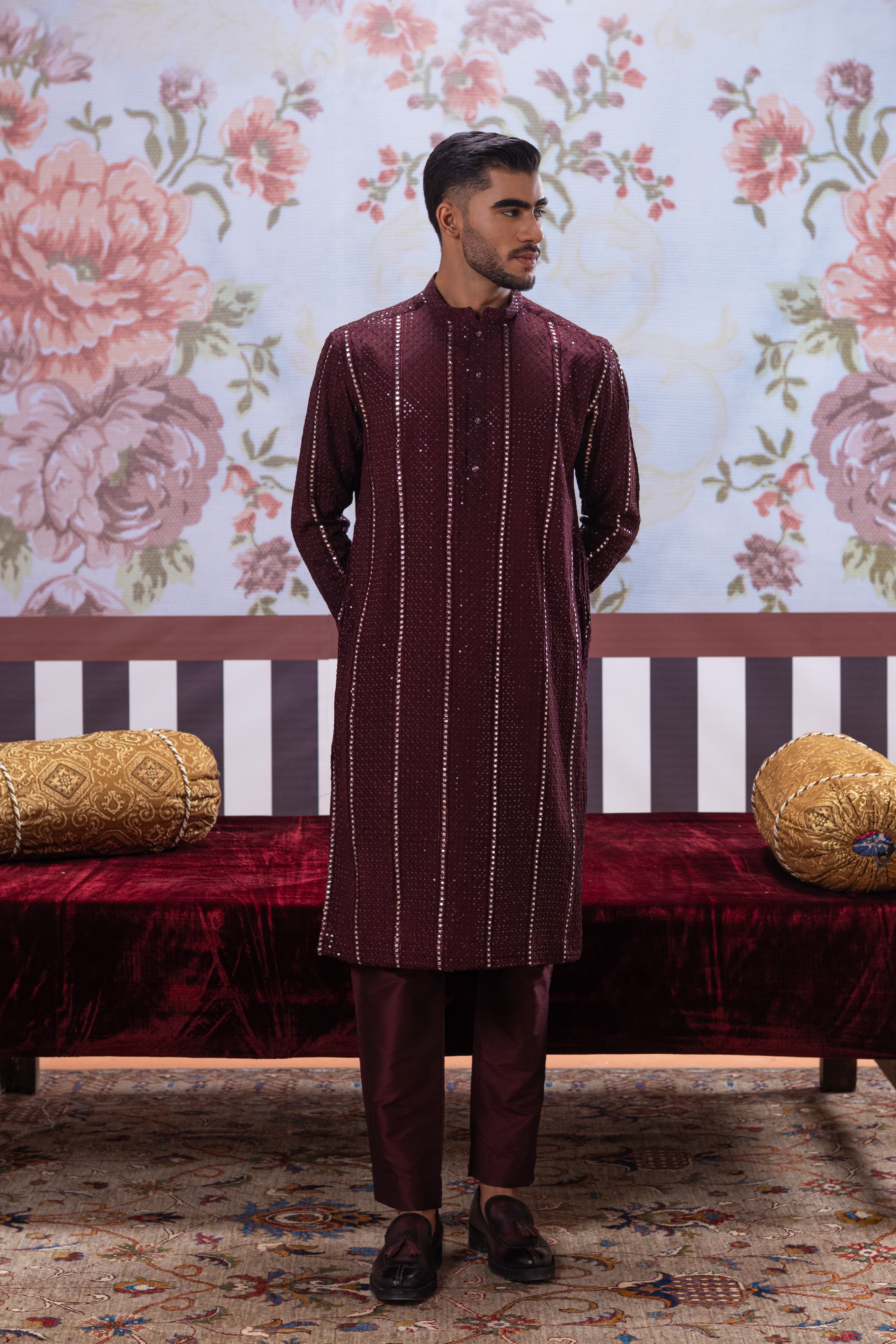 Muqabil - Burnt Maroon EMbroidered Kurta Pajama