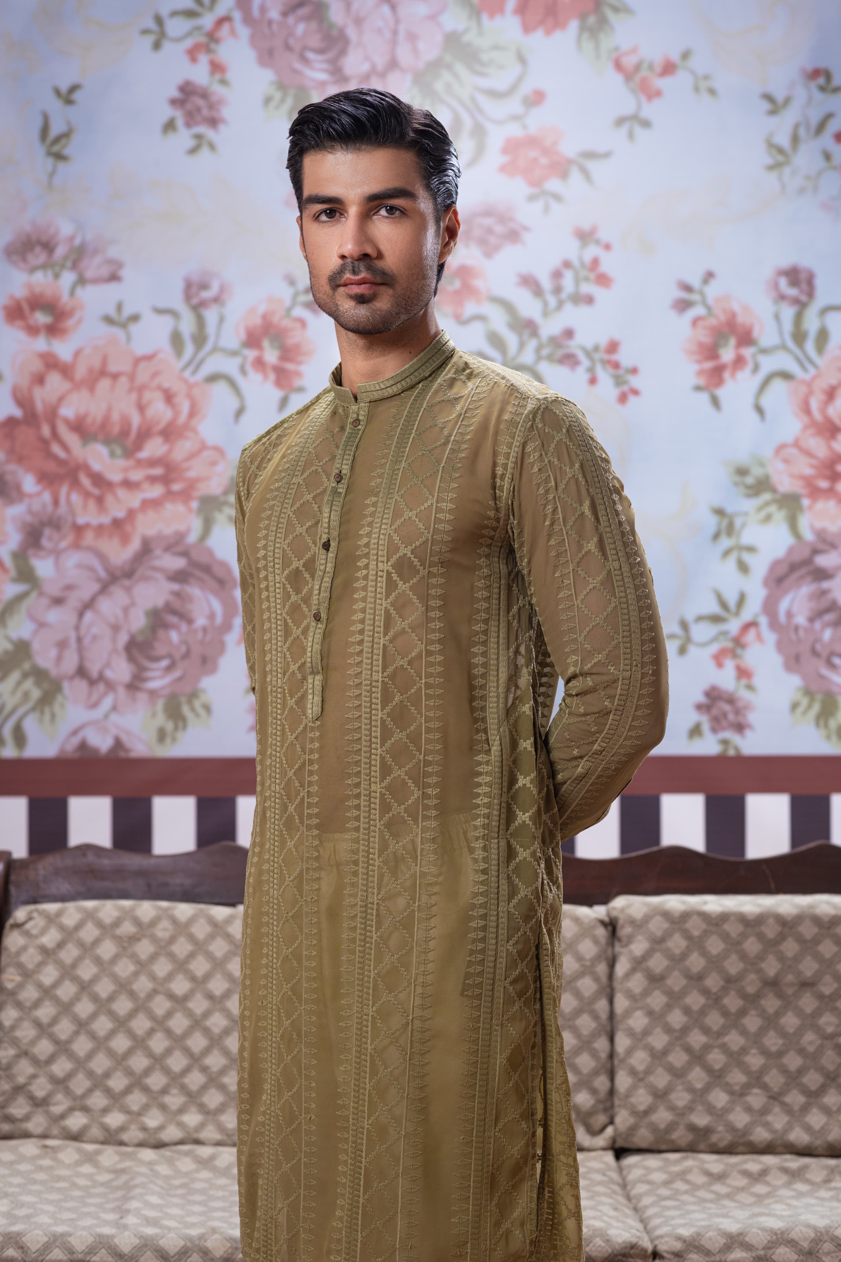 Muqabil - Army Green Embroidered Kurta Pajama