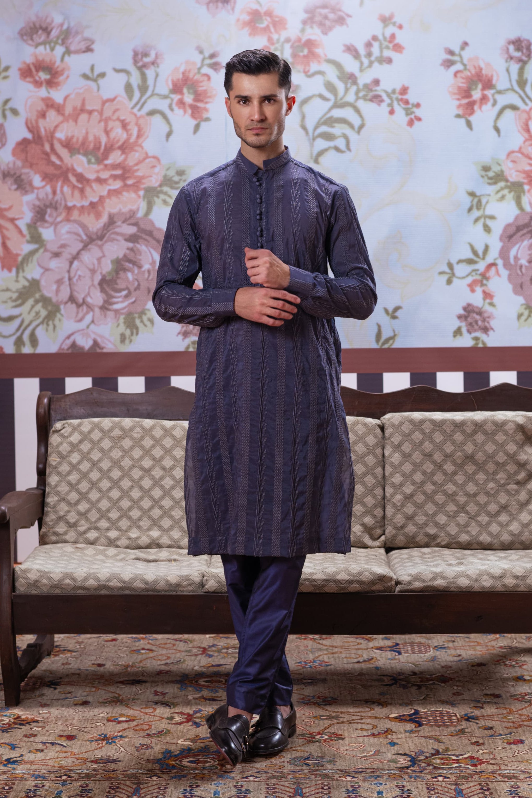 Muqabil - Space Blue Embroidered Kurta Pajama