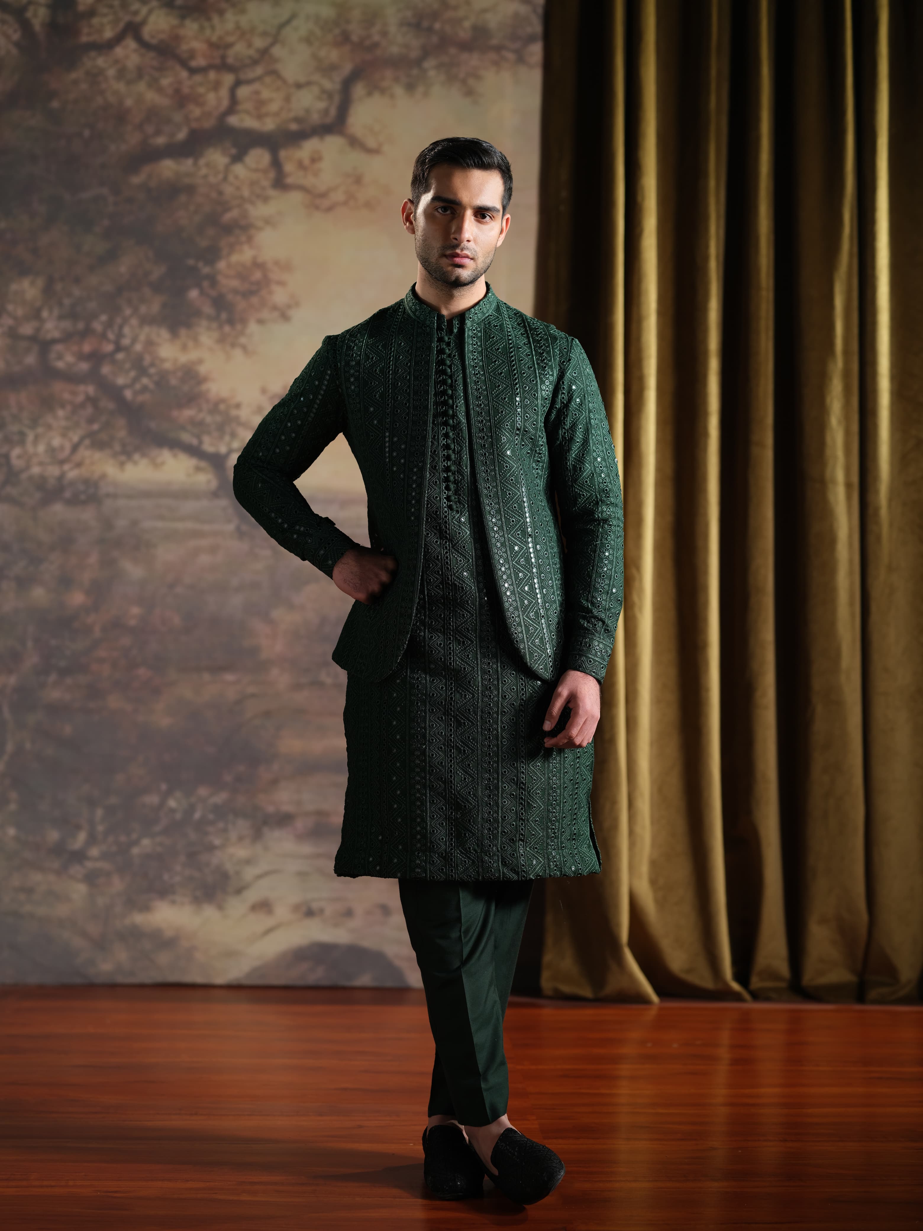 Musarrat - Dark Green Embroidered kurta pajama