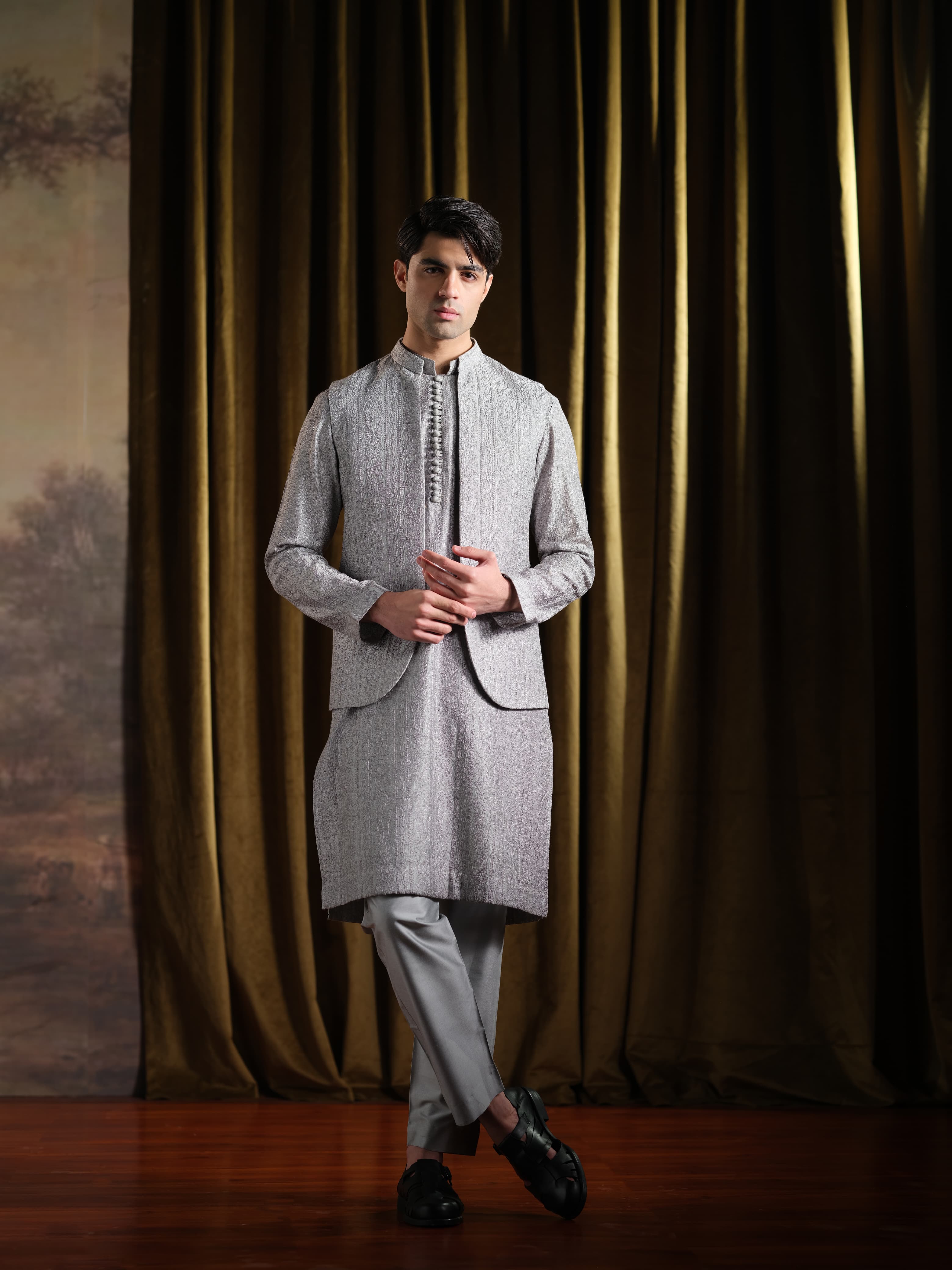 Musarrat - Ash Gray Emrbroidered Kurta Pajama