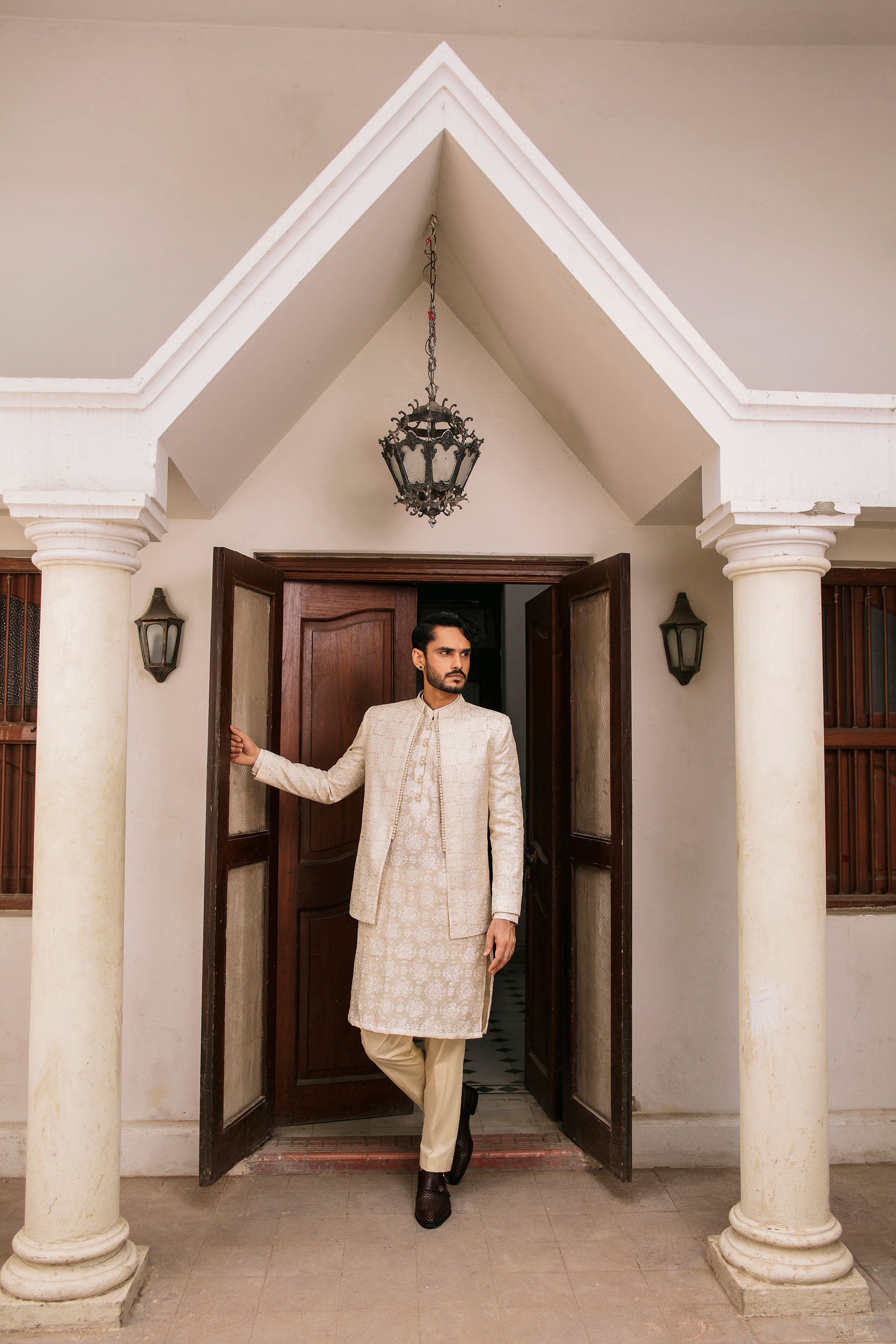 Beige front open Prince coat with floral embroidered patterns with embellishment