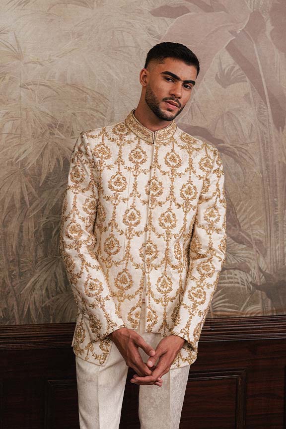 Off White Cream Jacquard Embroidered Prince Coat