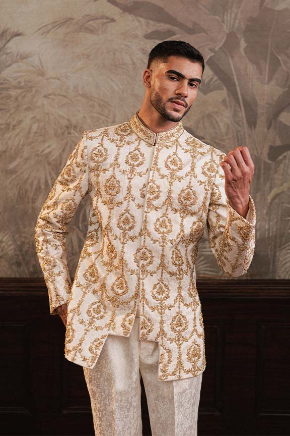 Off White Cream Jacquard Embroidered Prince Coat