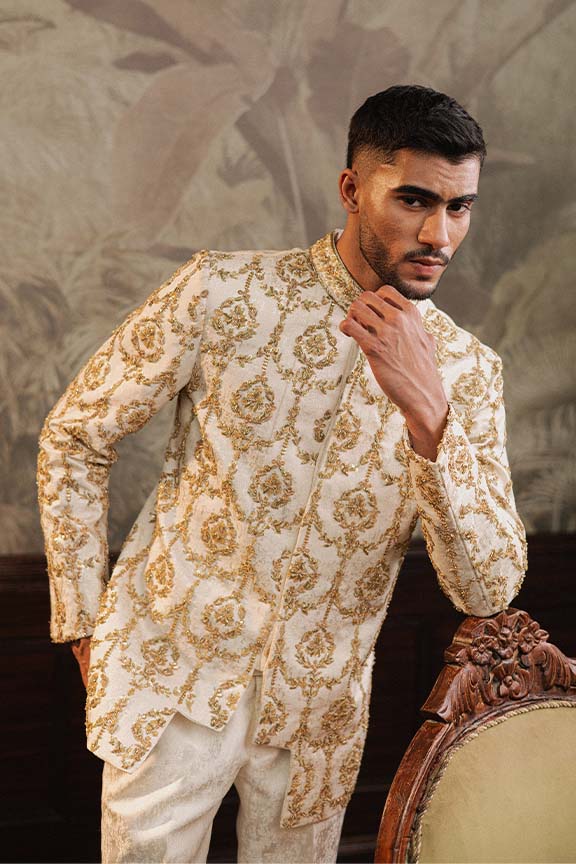 Off White Cream Jacquard Embroidered Prince Coat