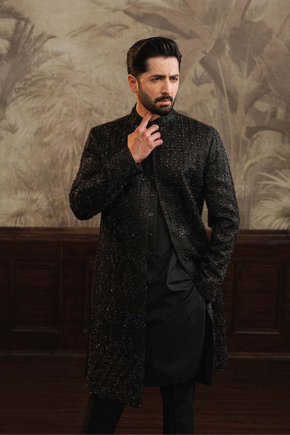 ER - 105 Black Jacquard Embroidered Sherwani 1
